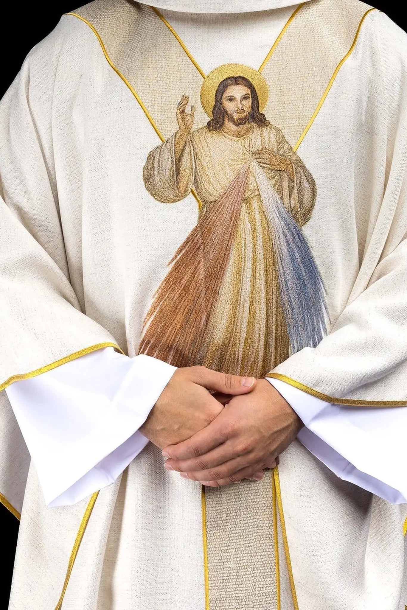 Chasuble brodée avec l'image de Jésus Miséricordieux écru
