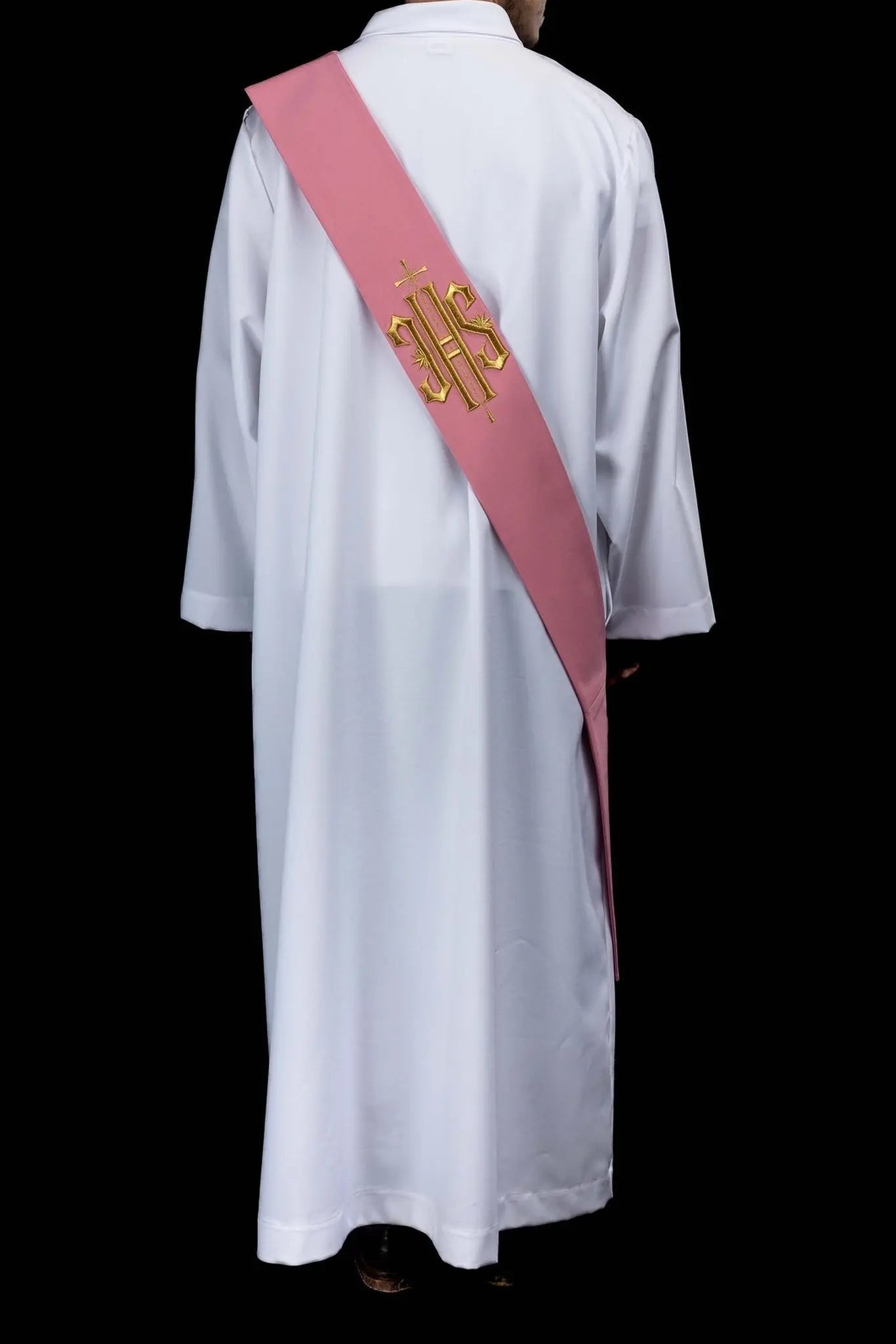Pink Deacon Stole with IHS and Cross Embroidery