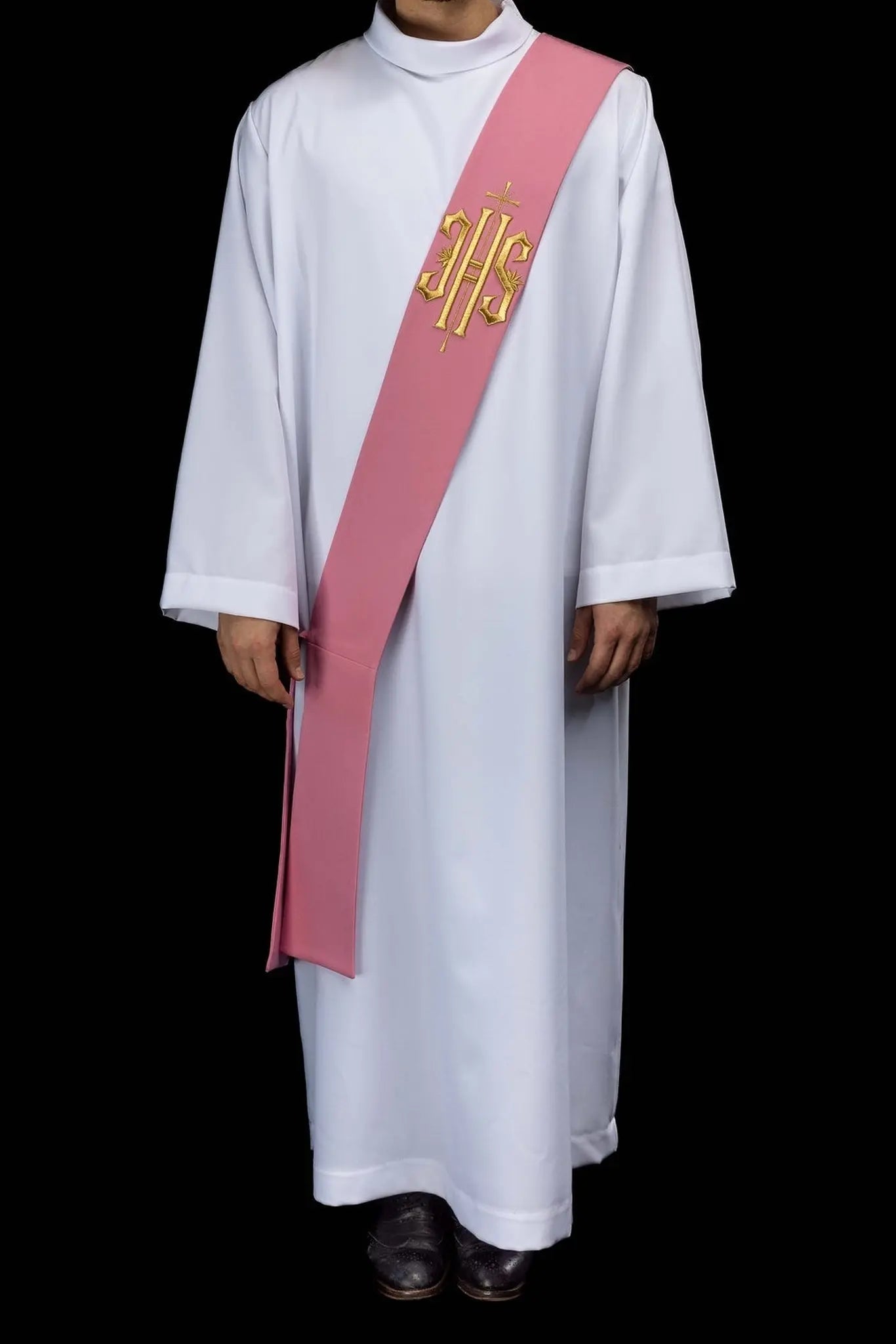 Étole diaconale rose avec broderie IHS et croix