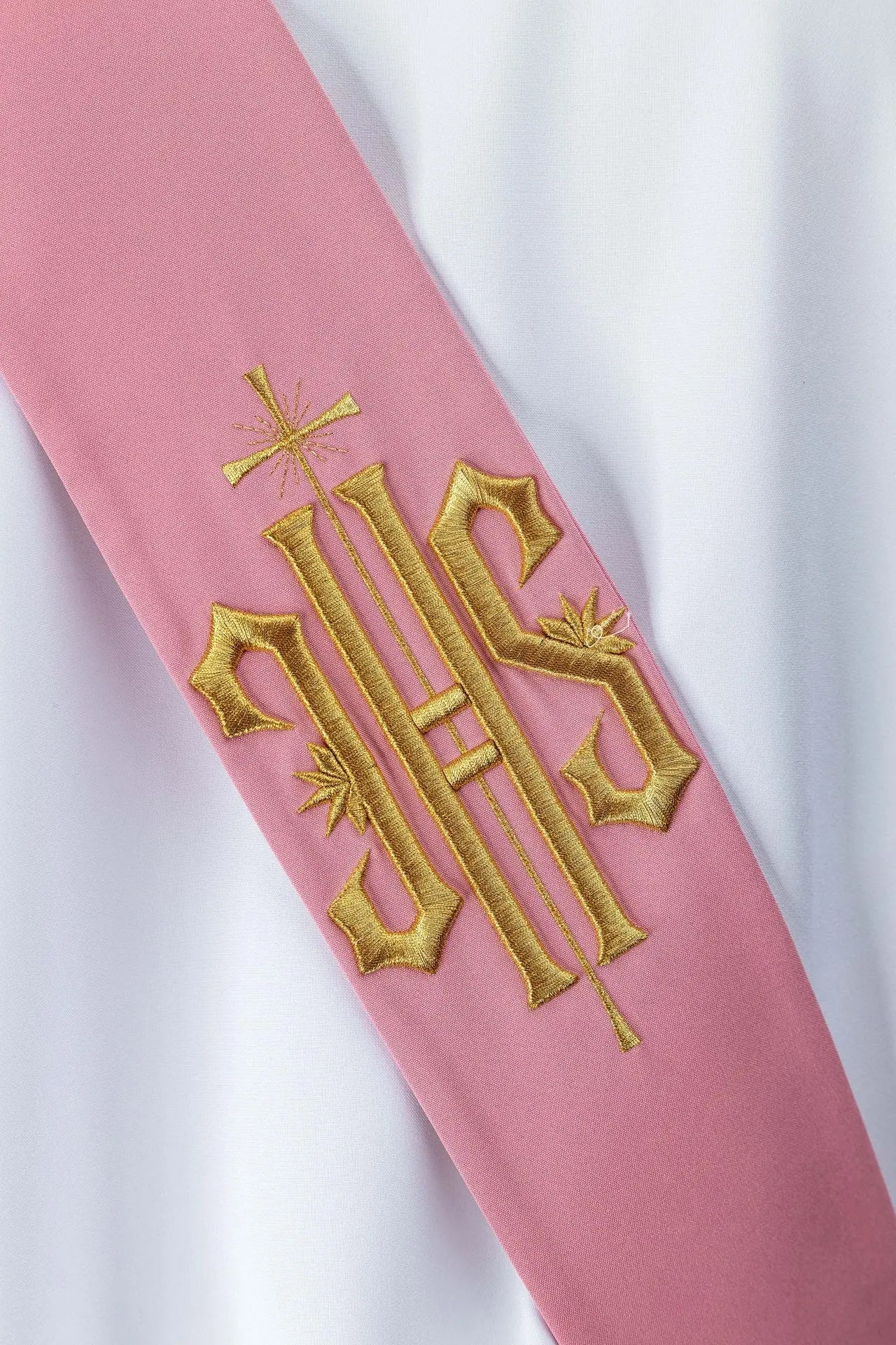 Pink Deacon Stole with IHS and Cross Embroidery