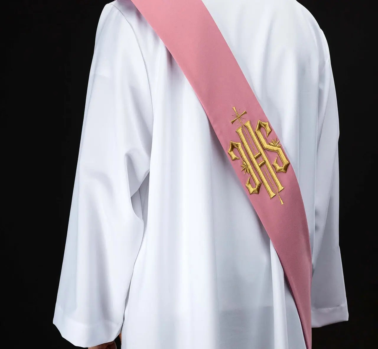Pink Deacon Stole with IHS and Cross Embroidery