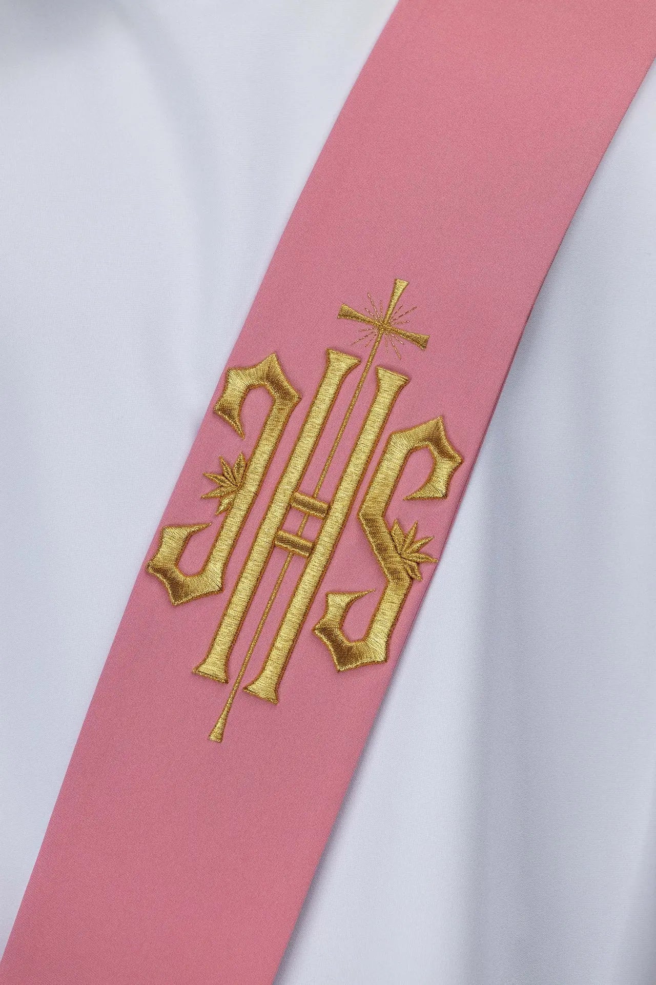 Pink Deacon Stole with IHS and Cross Embroidery