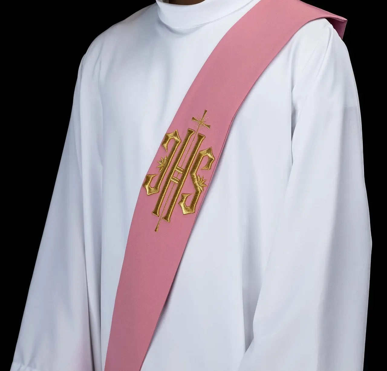 Pink Deacon Stole with IHS and Cross Embroidery