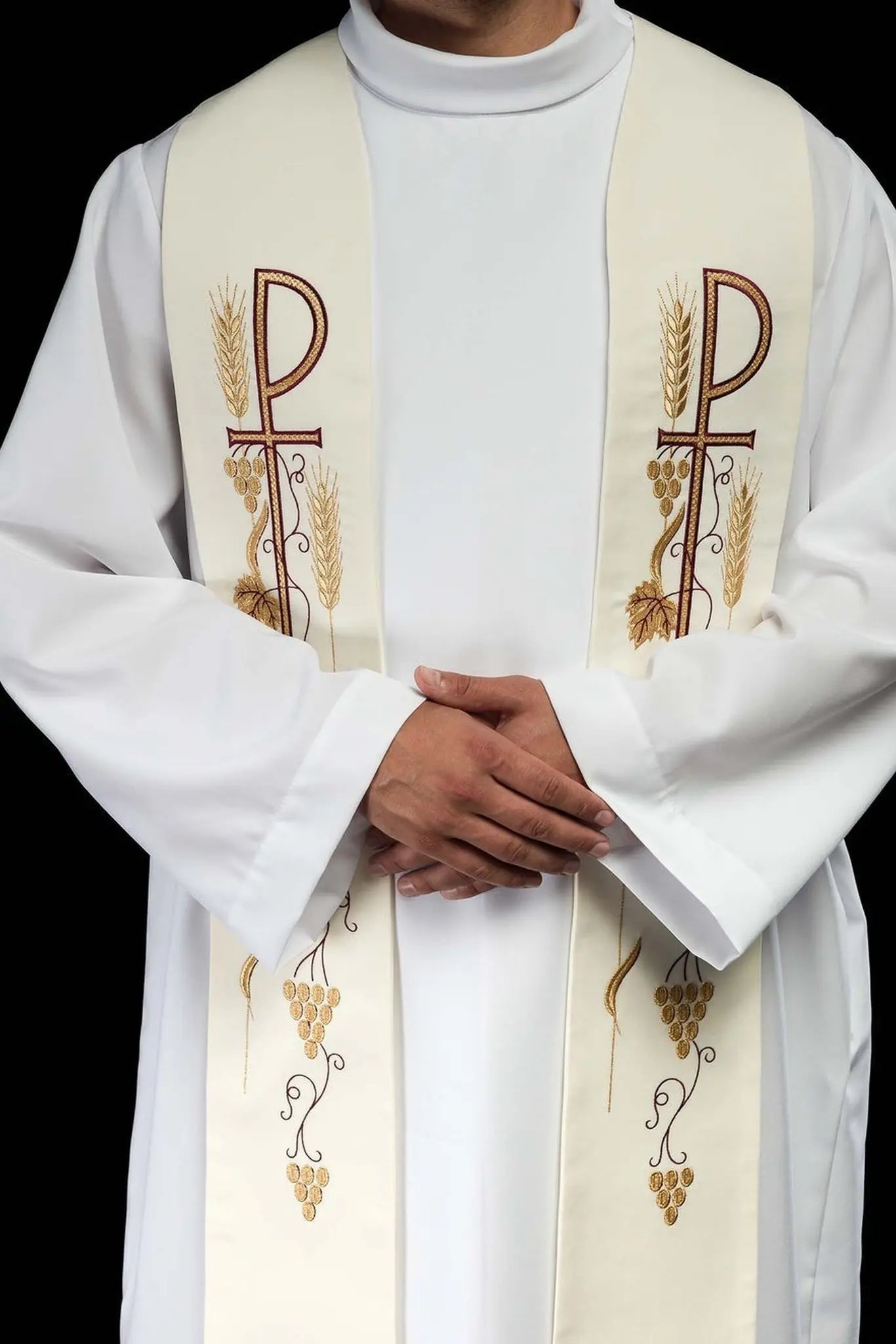 Priestly stole embroidered cross with grapes ecru