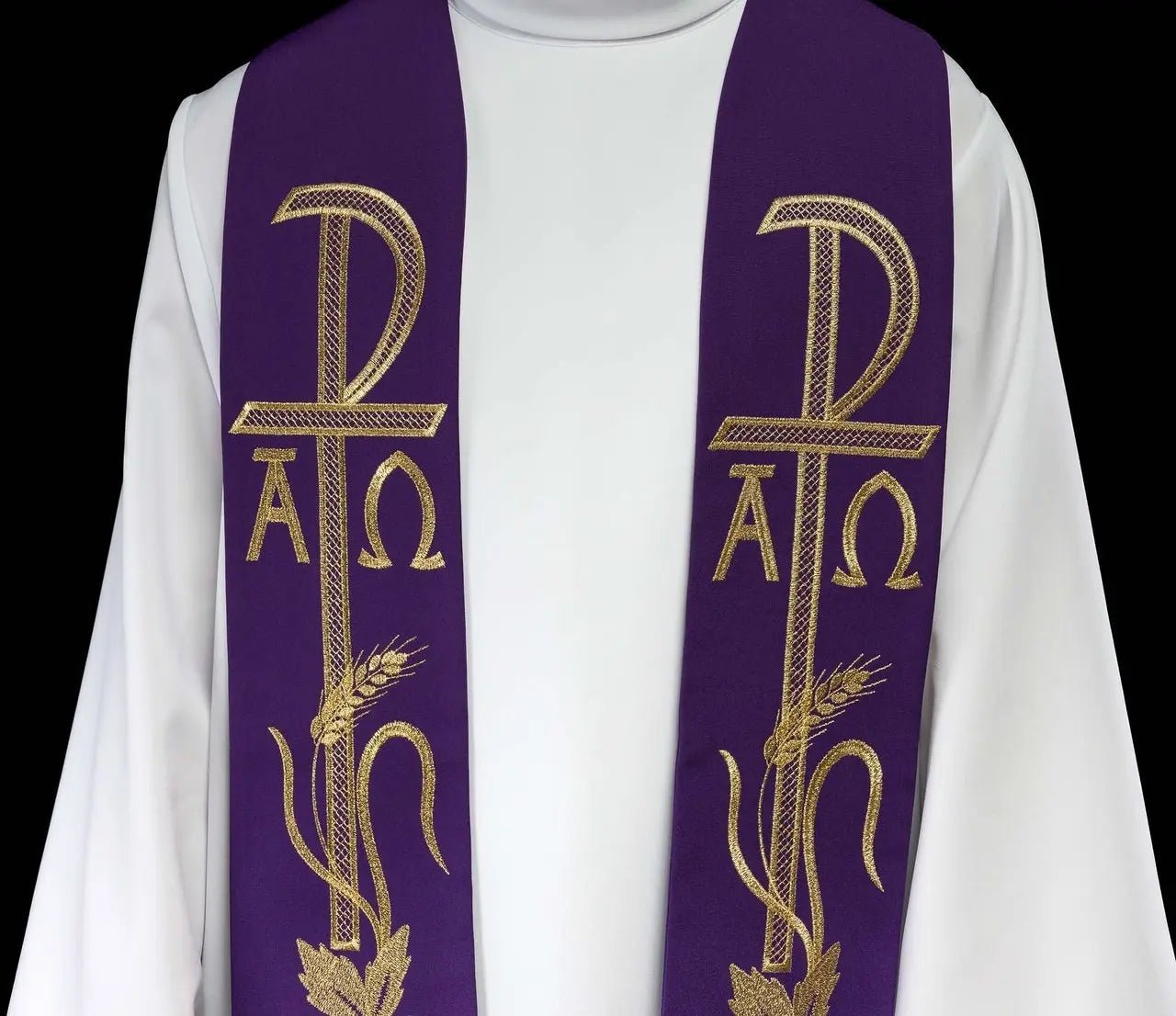 Étole violette de prêtre brodée Alpha et Omega