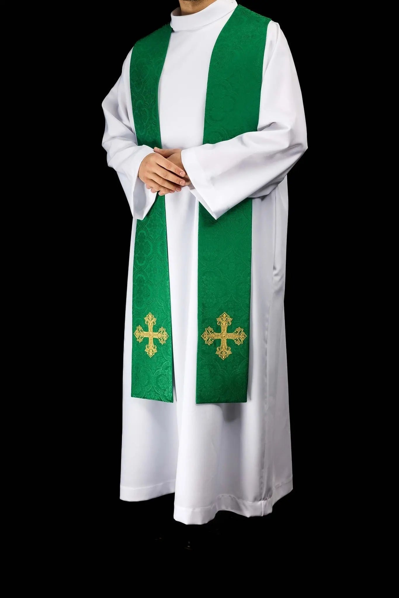 Green Jacquard Stole with Gold Cross Embroidery