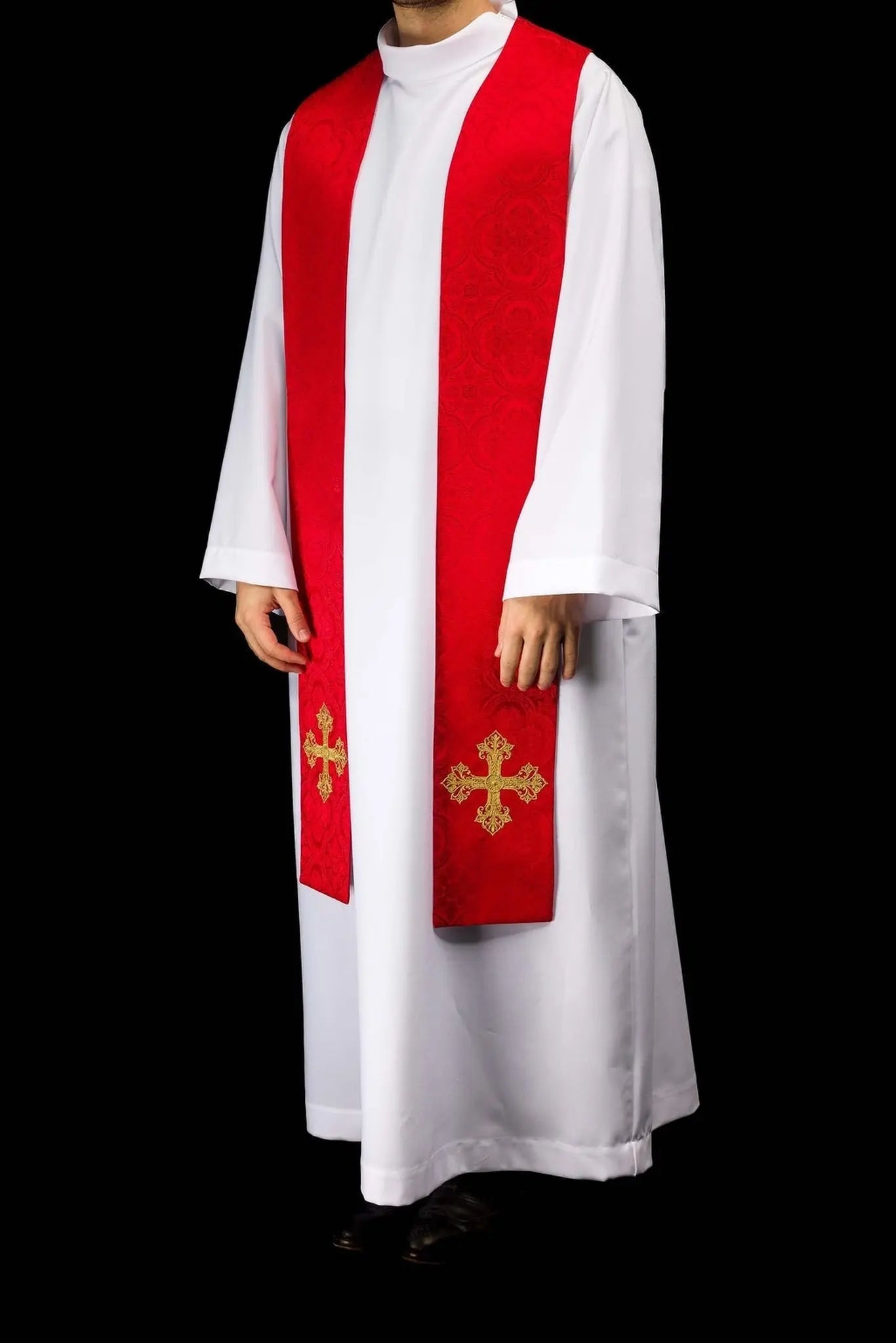 Red Jacquard Stole with Gold Cross Embroidery