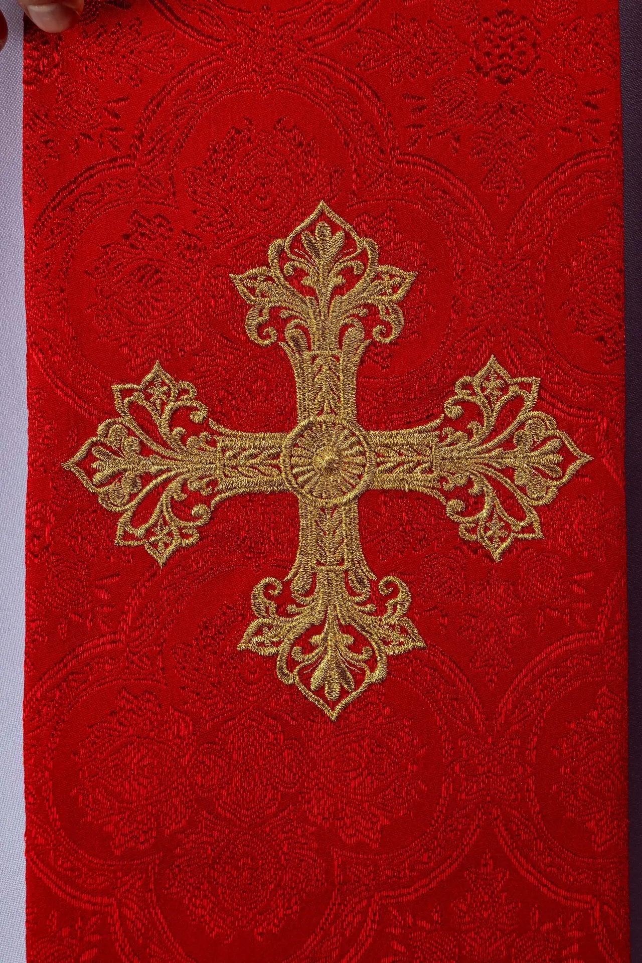 Red Jacquard Stole with Gold Cross Embroidery