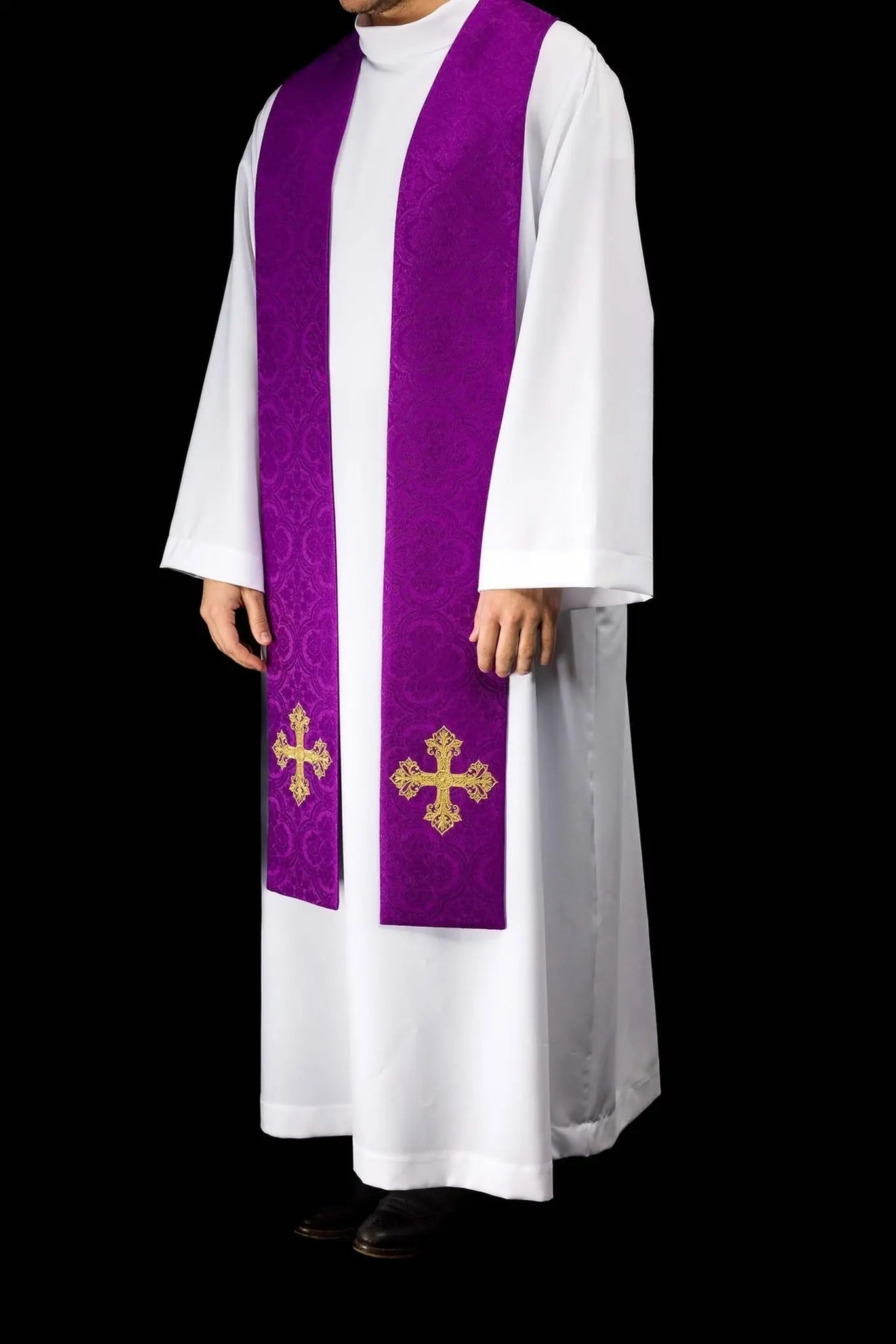 Purple Jacquard Stole with Gold Cross Embroidery