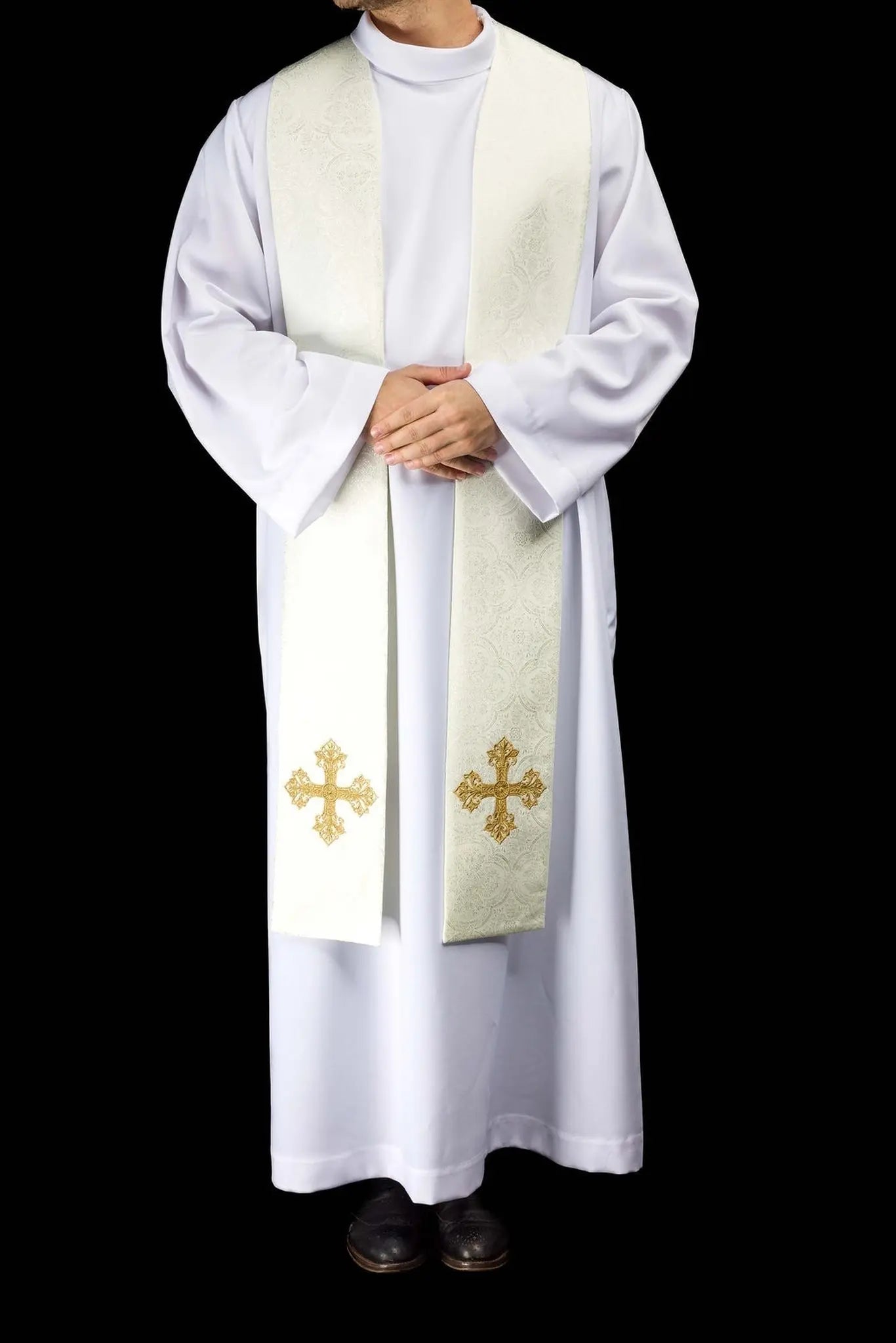 Étole en jacquard écru avec broderie de croix dorée