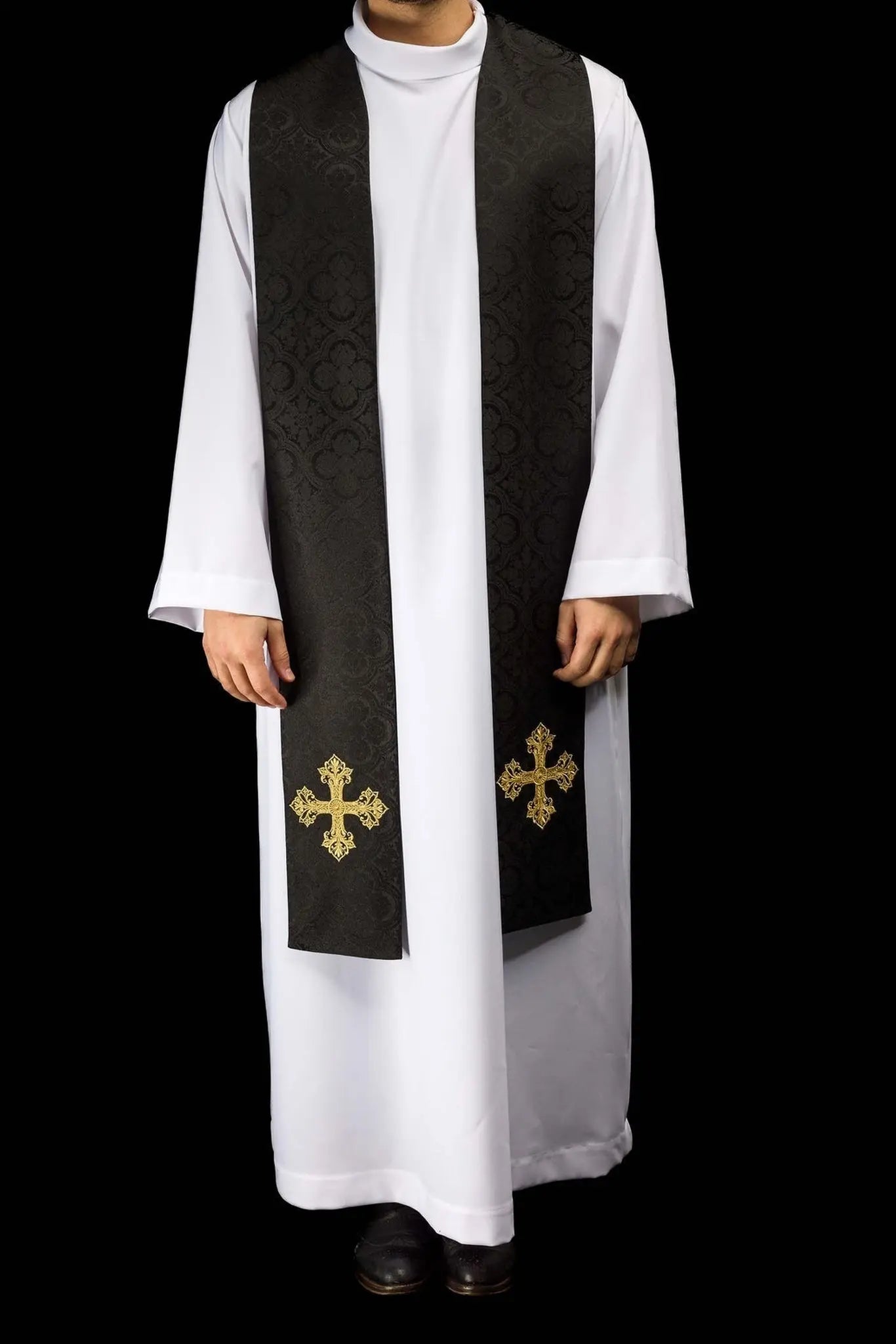 Black Jacquard Stole with Gold Cross Embroidery