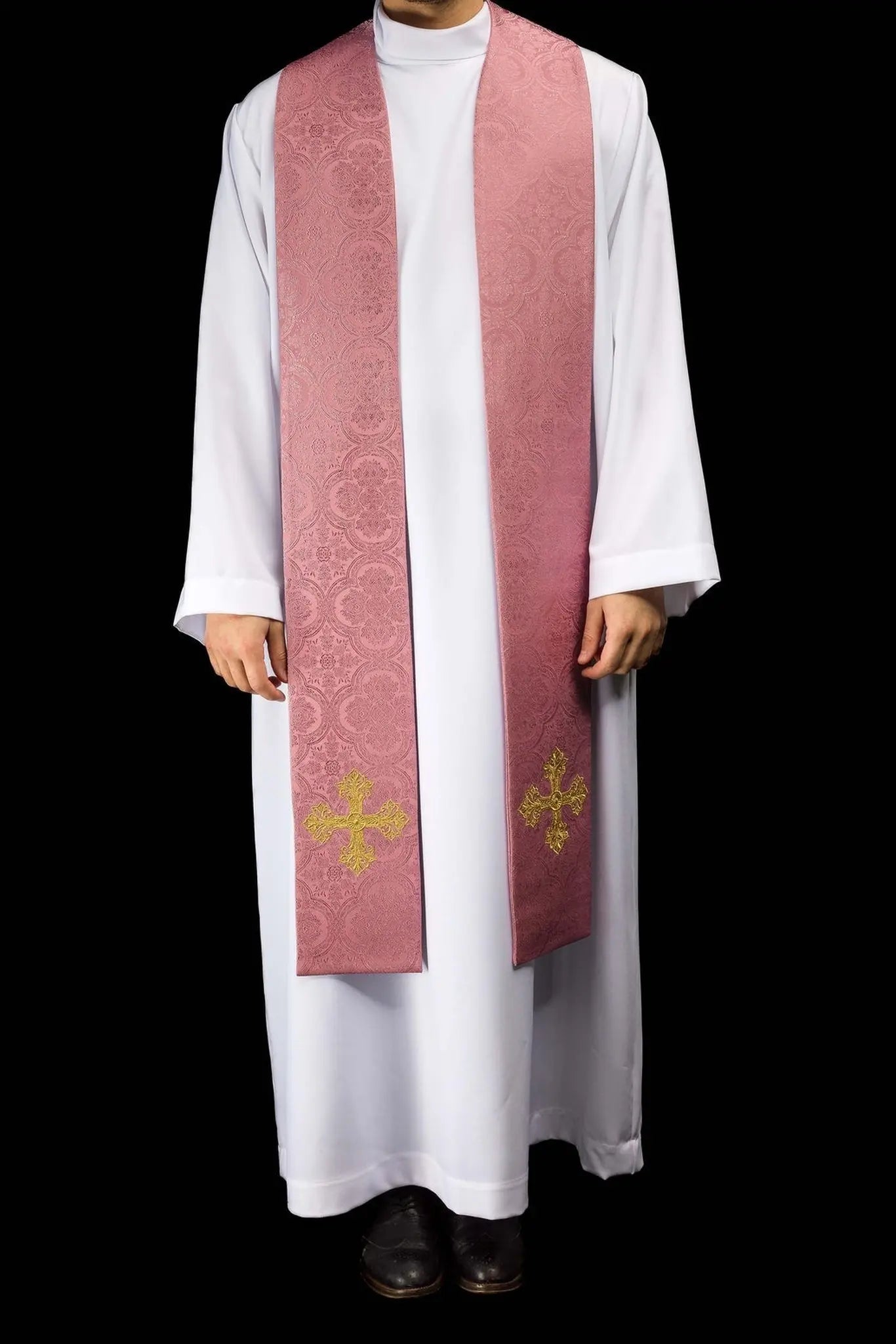 Pink Jacquard Stole with Gold Cross Embroidery
