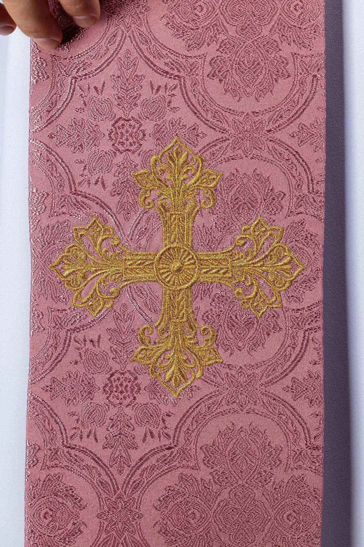 Pink Jacquard Stole with Gold Cross Embroidery