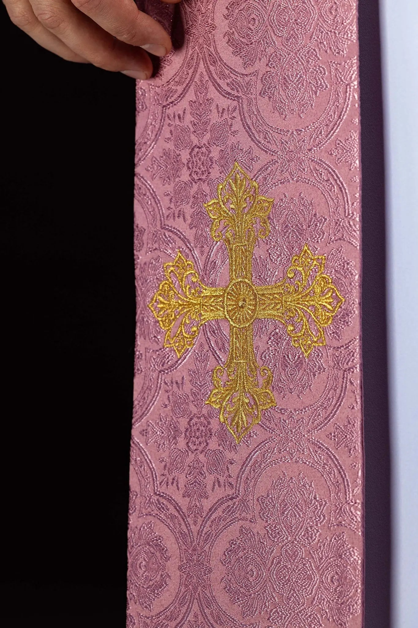 Pink Jacquard Stole with Gold Cross Embroidery