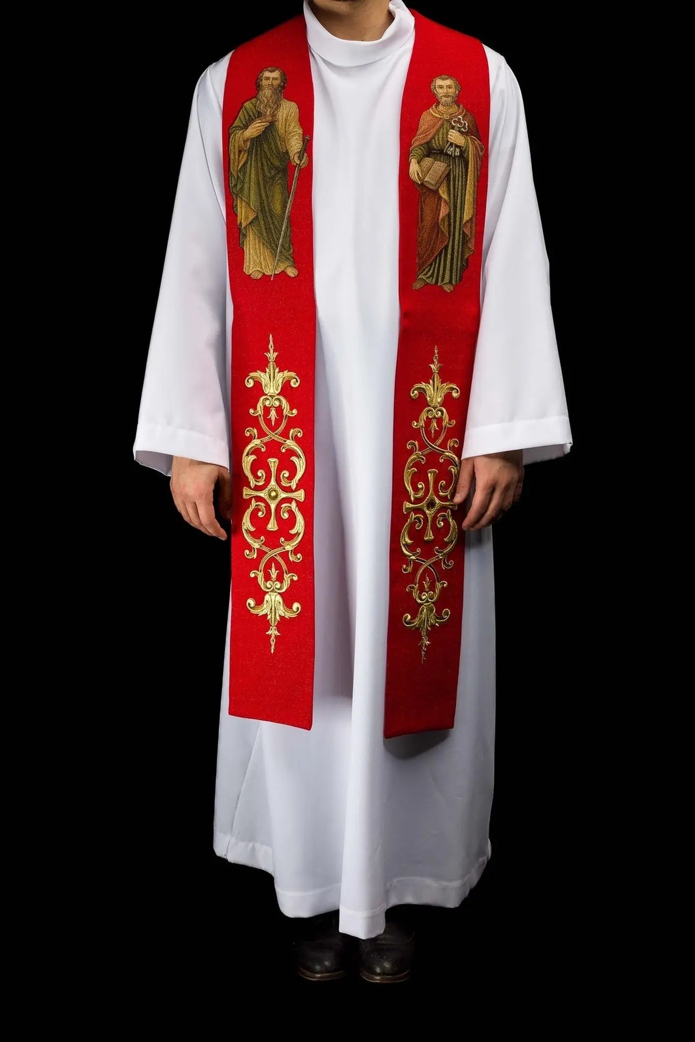 Red Stole with Embroidered Images of Saints Peter and Paul