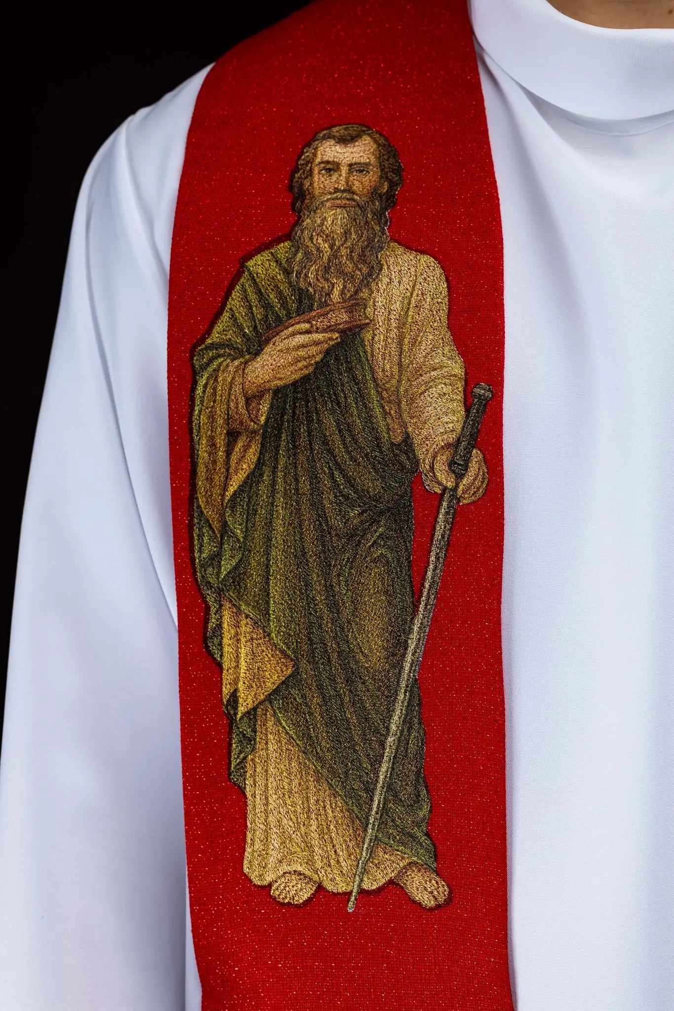 Red Stole with Embroidered Images of Saints Peter and Paul