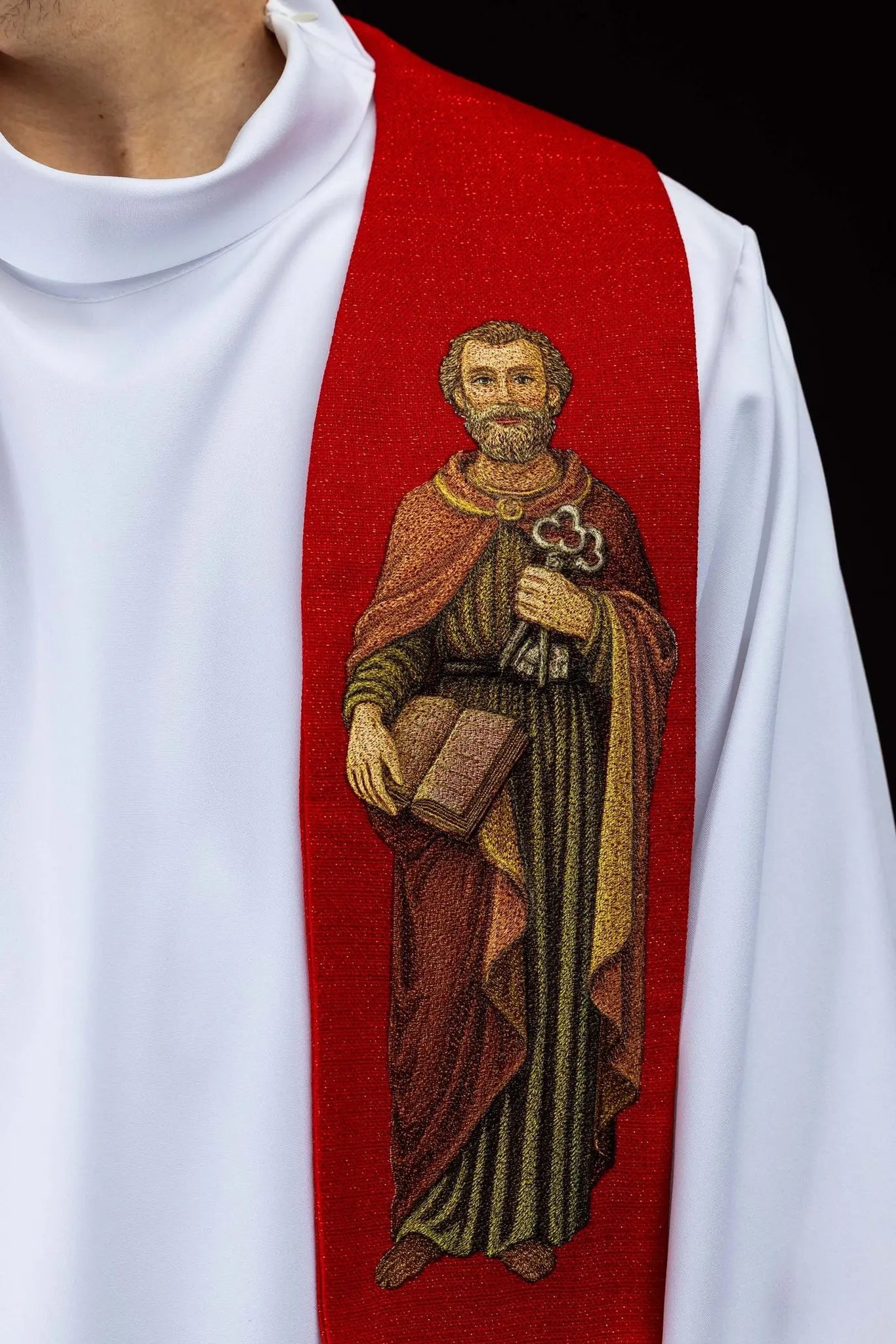 Red Stole with Embroidered Images of Saints Peter and Paul