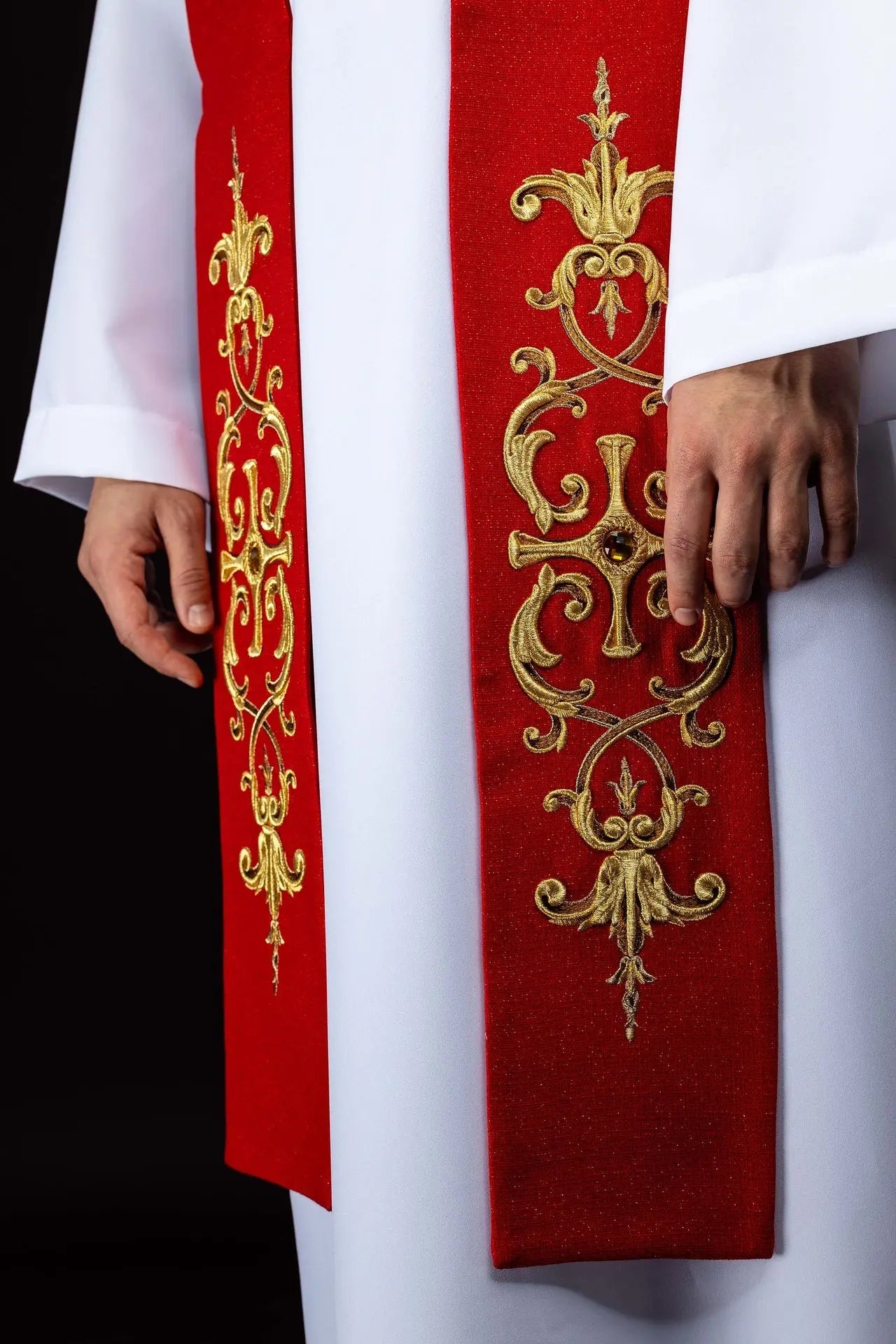 Red Stole with Embroidered Images of Saints Peter and Paul