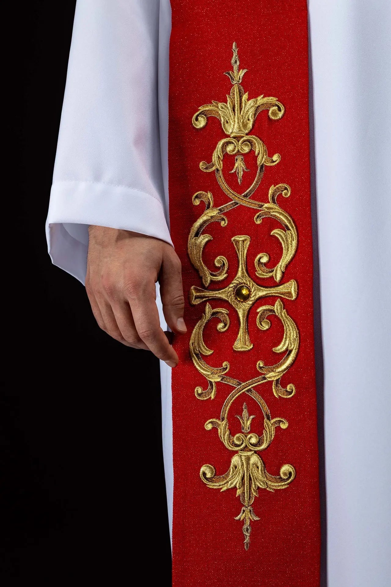 Red Stole with Embroidered Images of Saints Peter and Paul