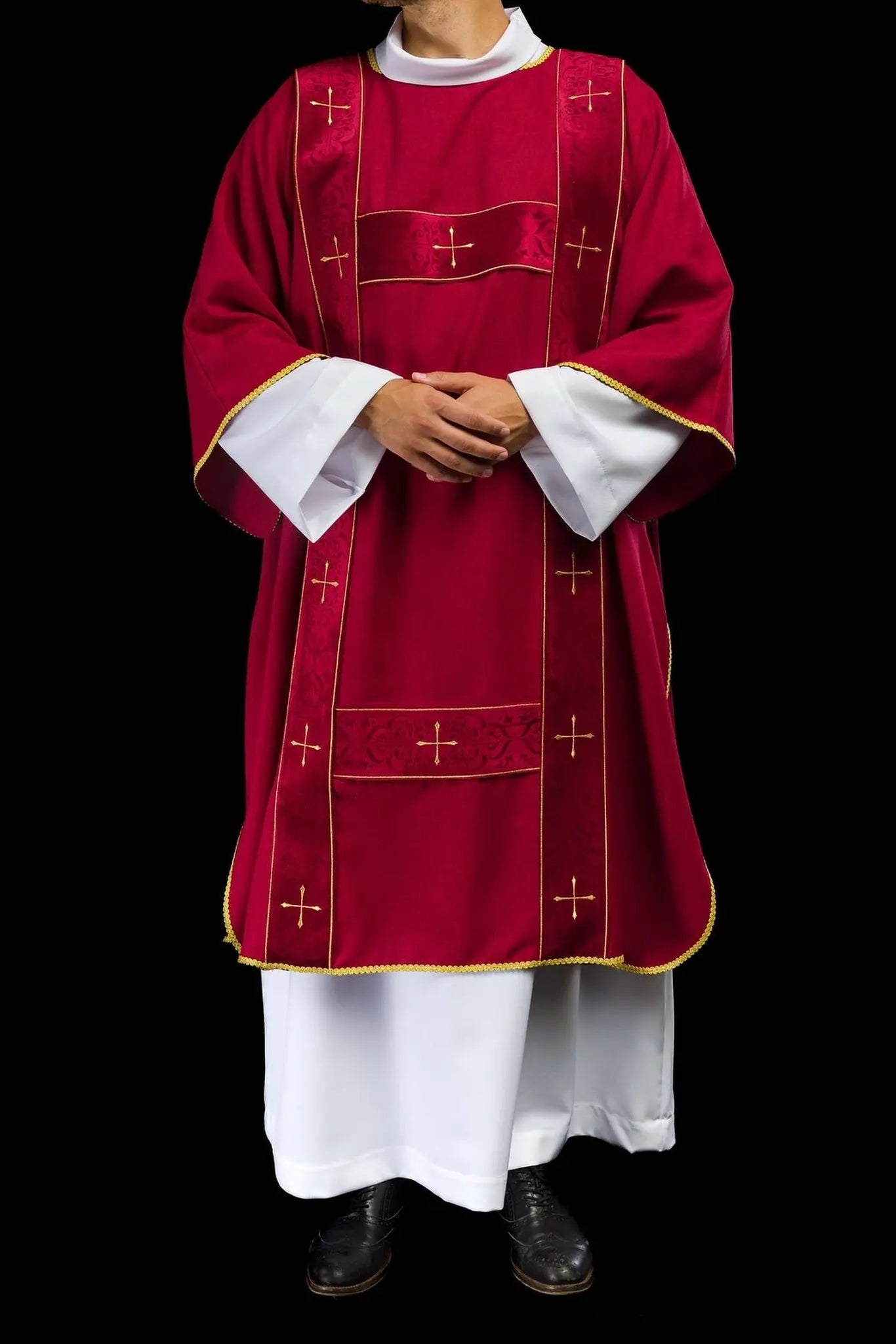 Dalmatic with velvet stripes and embroidered gold crosses red