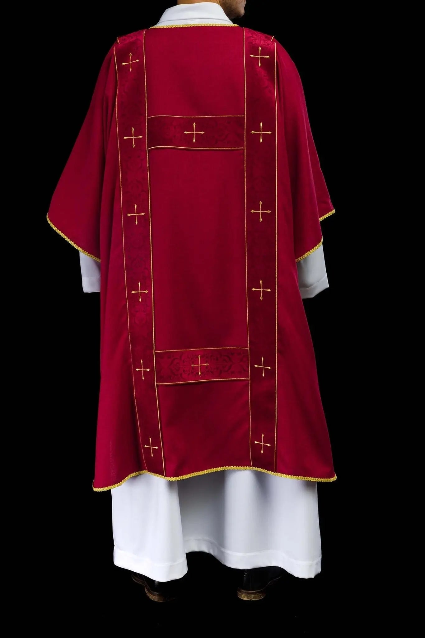 Dalmatic with velvet stripes and embroidered gold crosses red