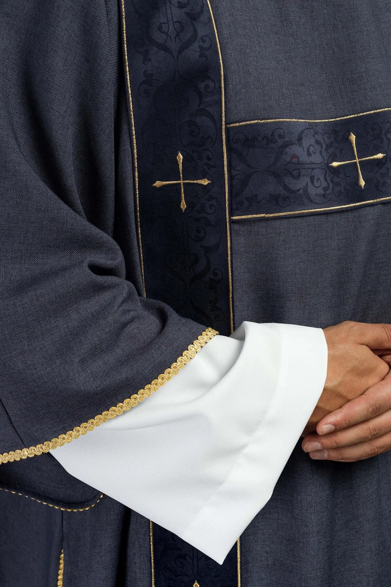 Dalmatic with velvet stripes and embroidered gold crosses purple