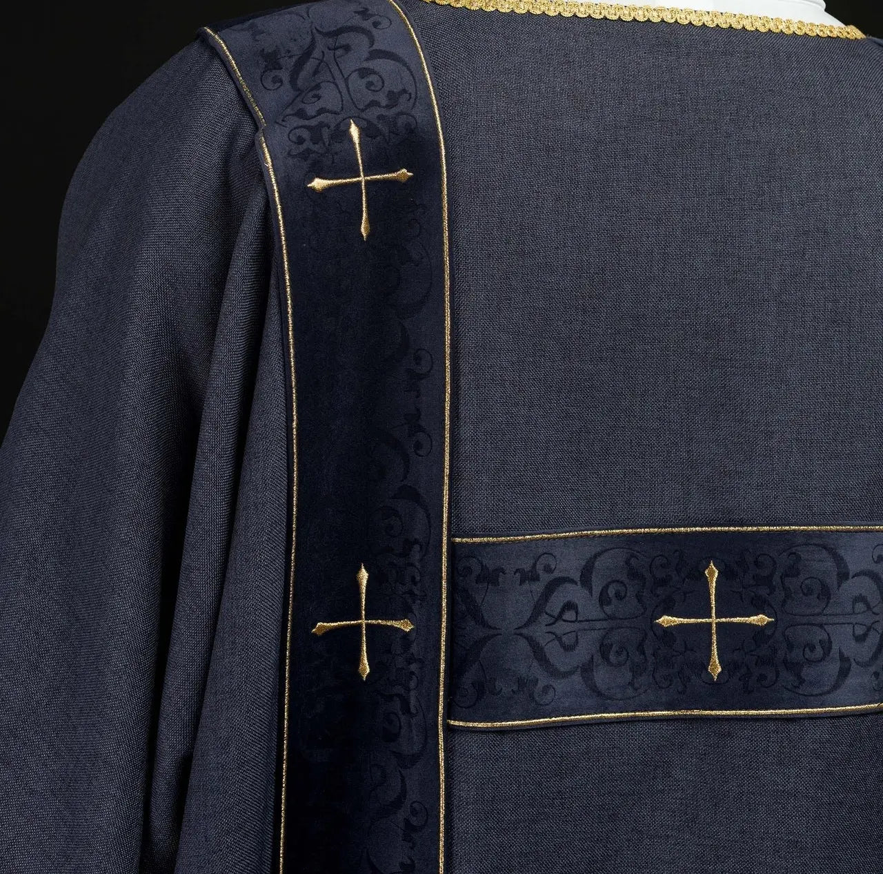 Dalmatic with velvet stripes and embroidered gold crosses purple