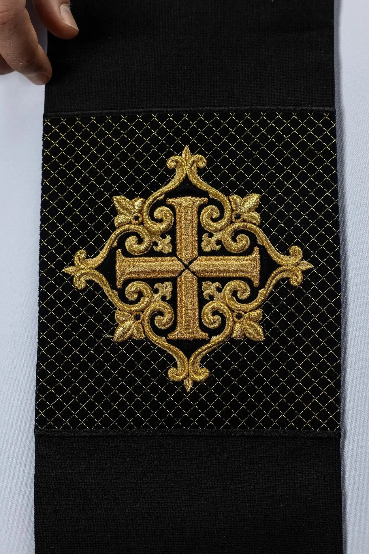 Black Velvet Stole with Gold Cross Embroidery
