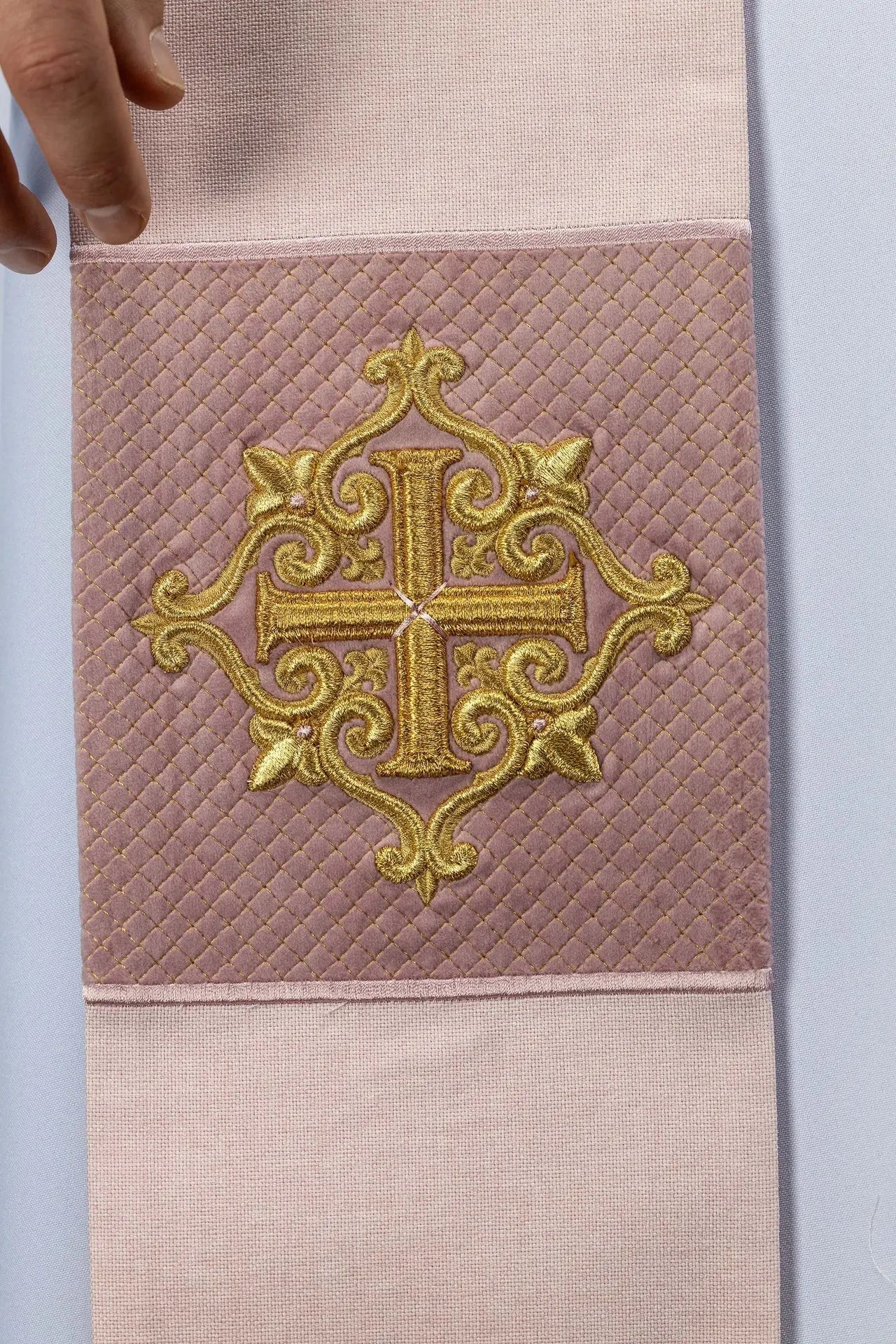 Pink Velvet Stole with Gold Cross Embroidery