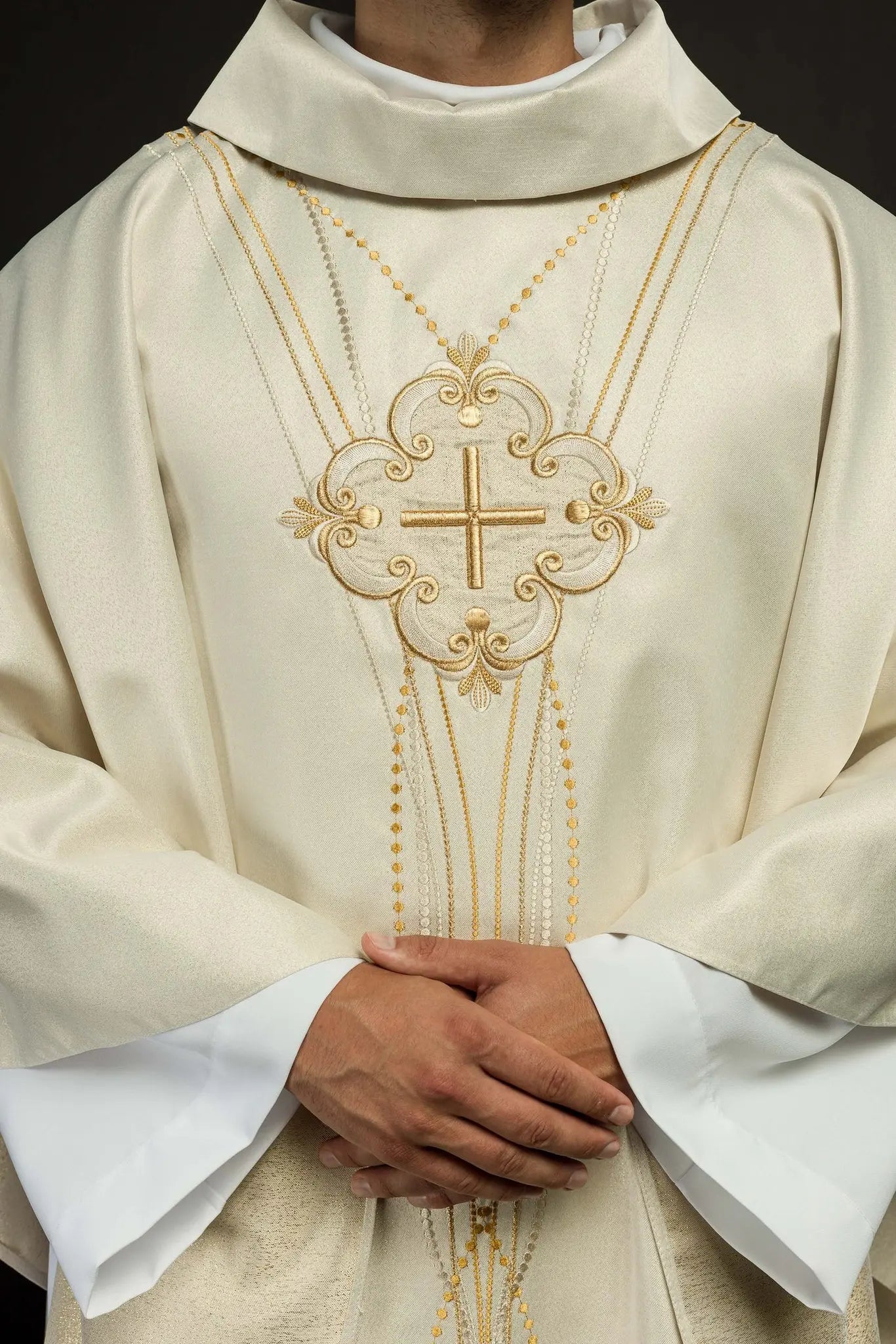 Rosary-inspired shiny fabric chasuble in ecru