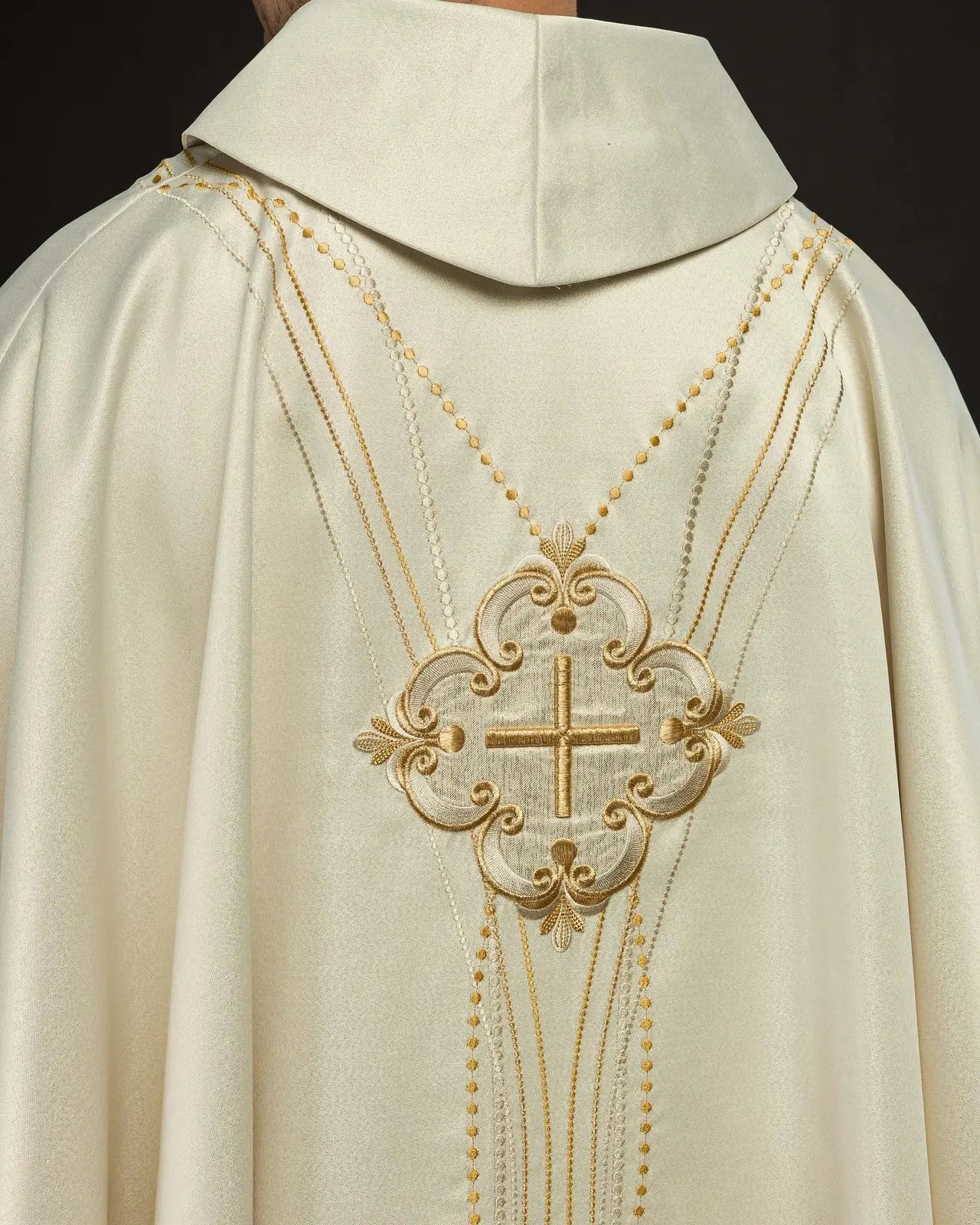 Rosary-inspired shiny fabric chasuble in ecru