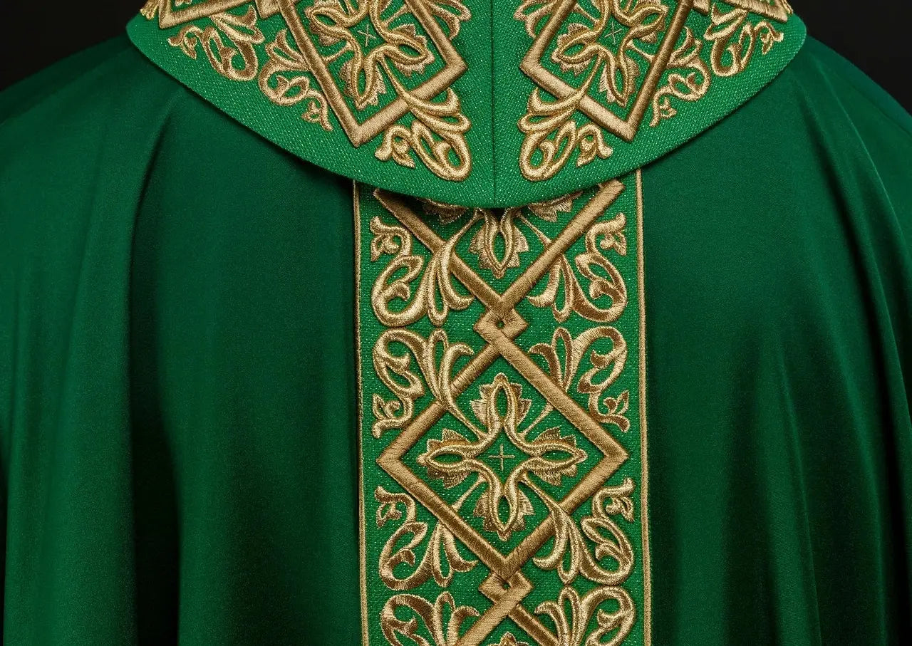 Chasuble richly embroidered floral motif with crosses Green