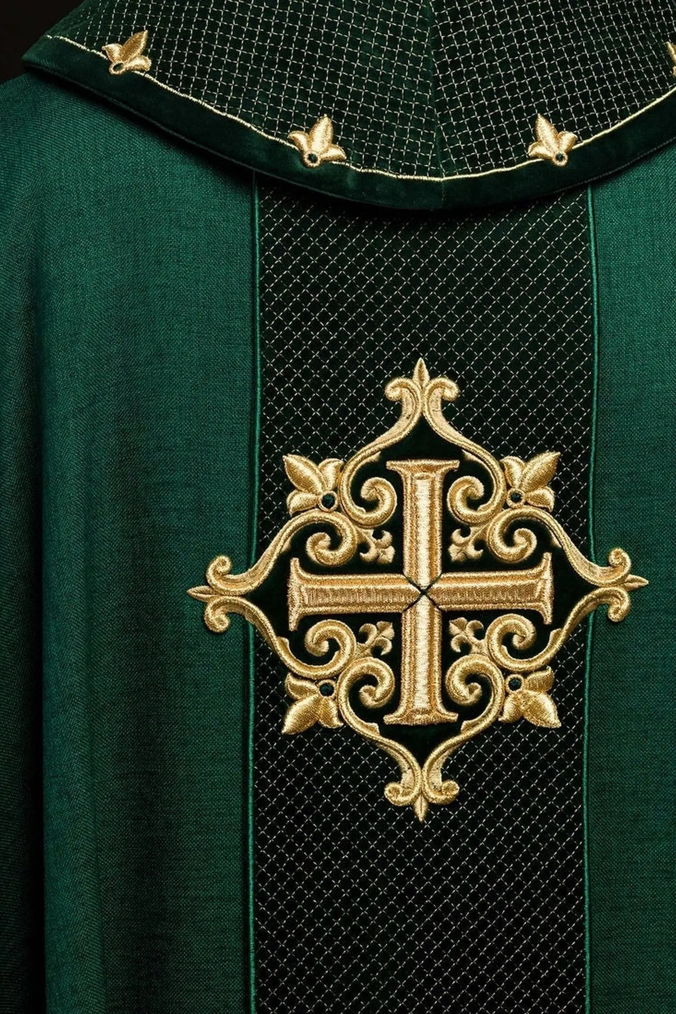 Chasuble brodée sur velours avec le symbole de la Croix Verte