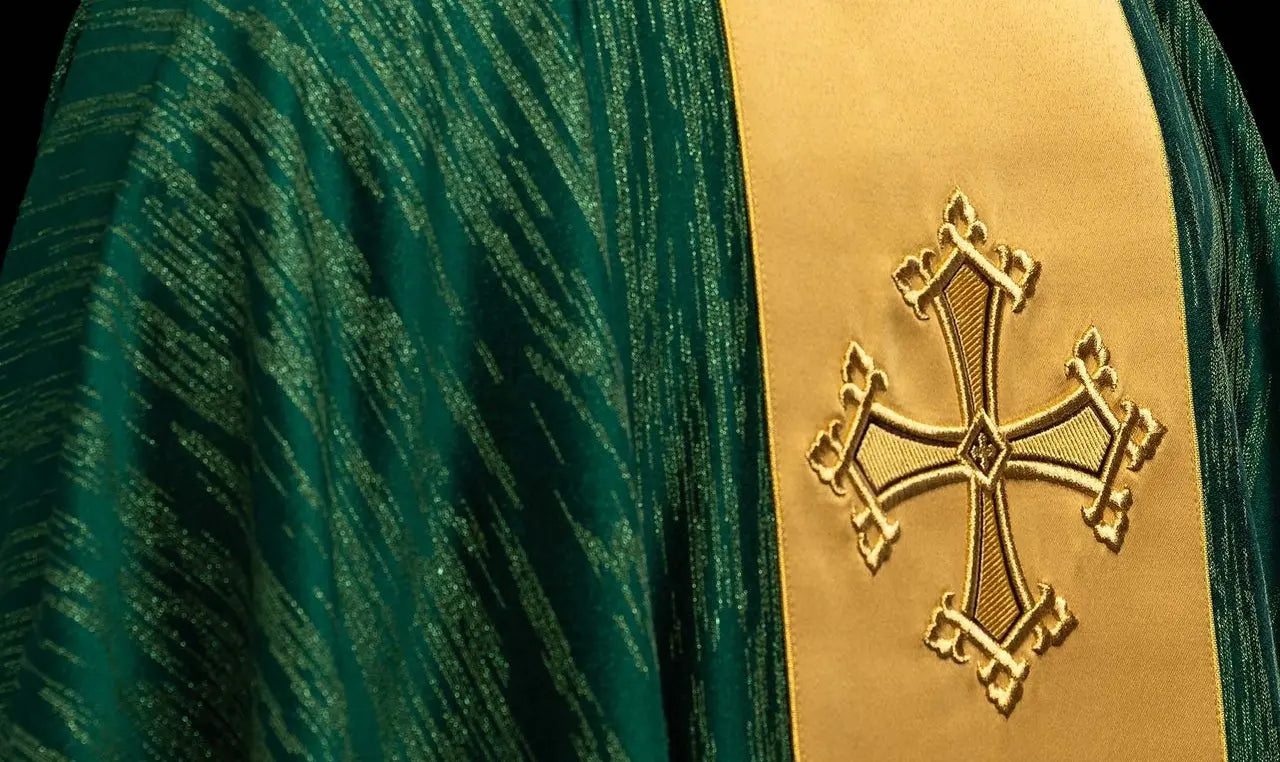 Green Chasuble with Embroidered Cross on Decorative Orphrey