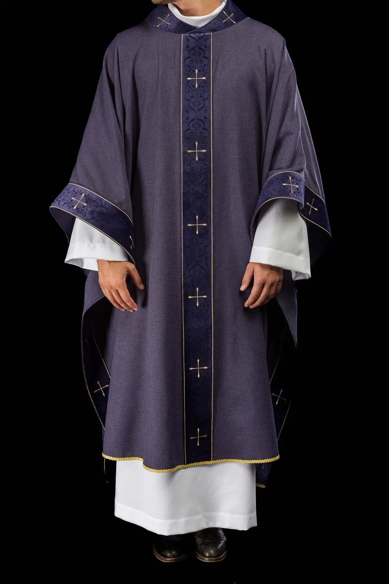 Purple Chasuble with Embroidered Band and Cross-Embroidered Collar