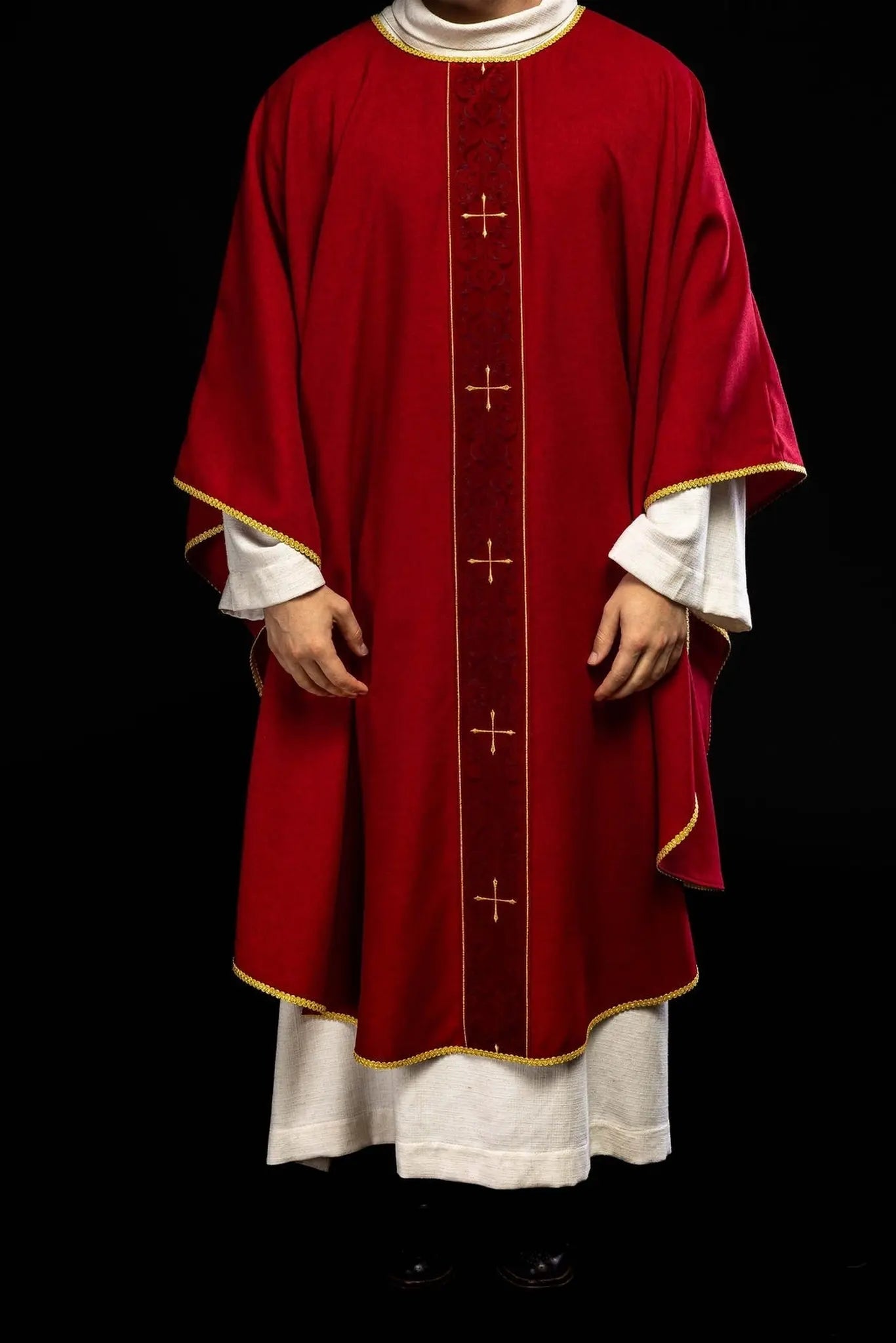 Red chasuble with an embroidered band of crosses