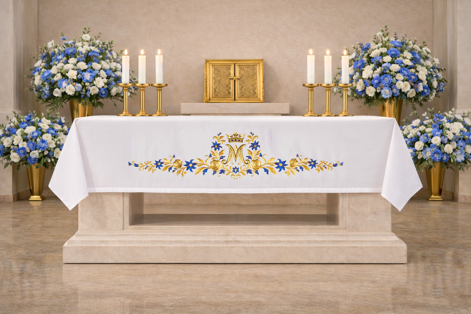 Obrus ołtarzowy z haftowanym symbolem maryjnym - ORNATY.PL