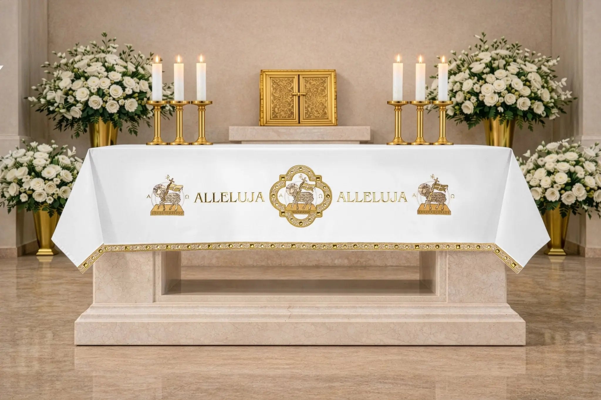 Nappe d'autel de Pâques avec broderie de l'Agneau pascal et de l'Alléluia