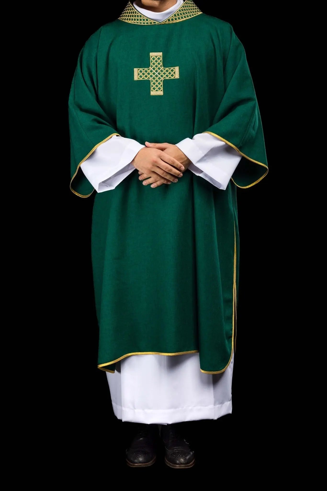 Green dalmatic with embroidered crosses and collar