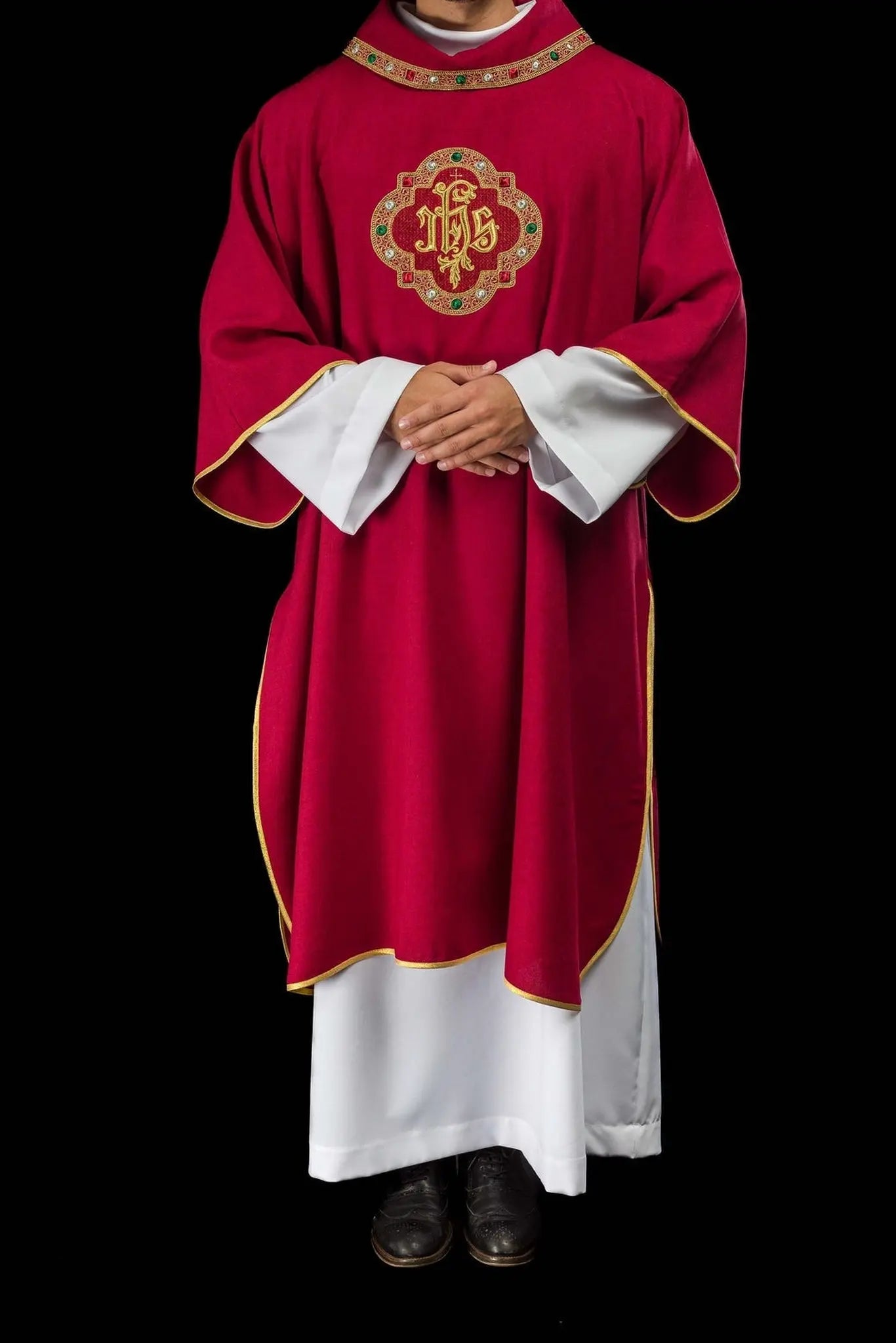 Red Dalmatic with IHS Symbol and Stand-Up Collar