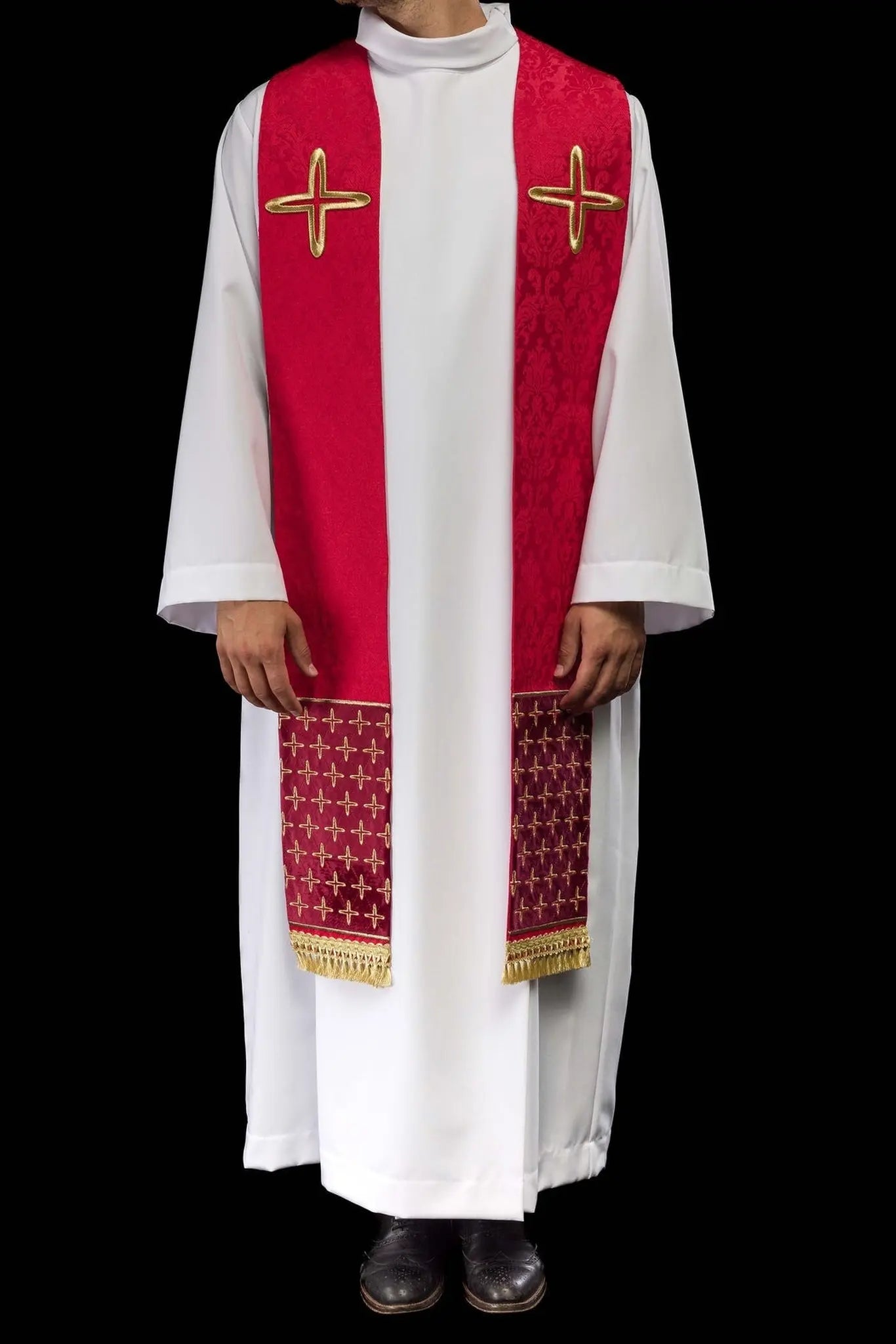 Red Jacquard Stole with Embroidered Cross Motifs