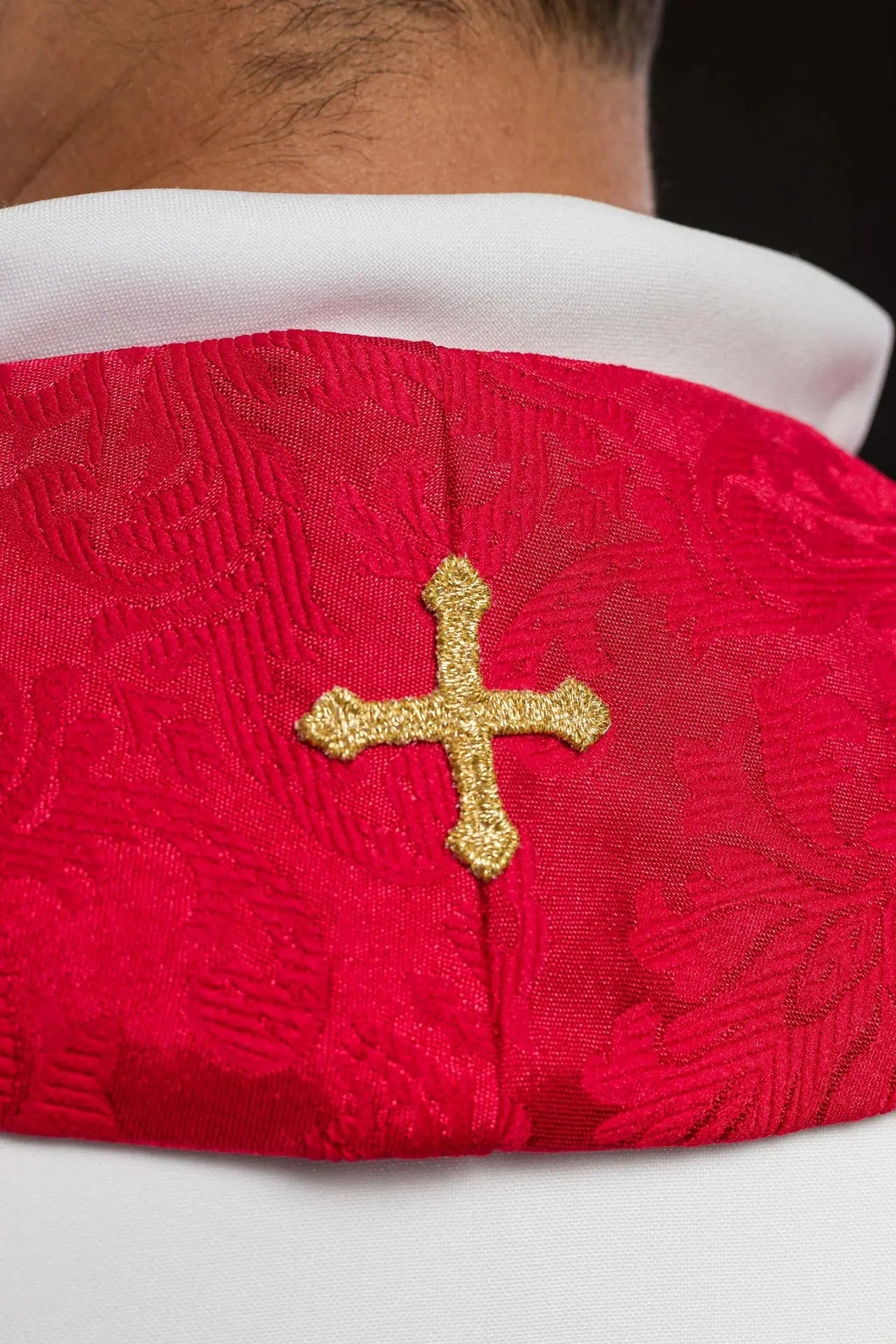 Red Jacquard Stole with Embroidered Cross Motifs