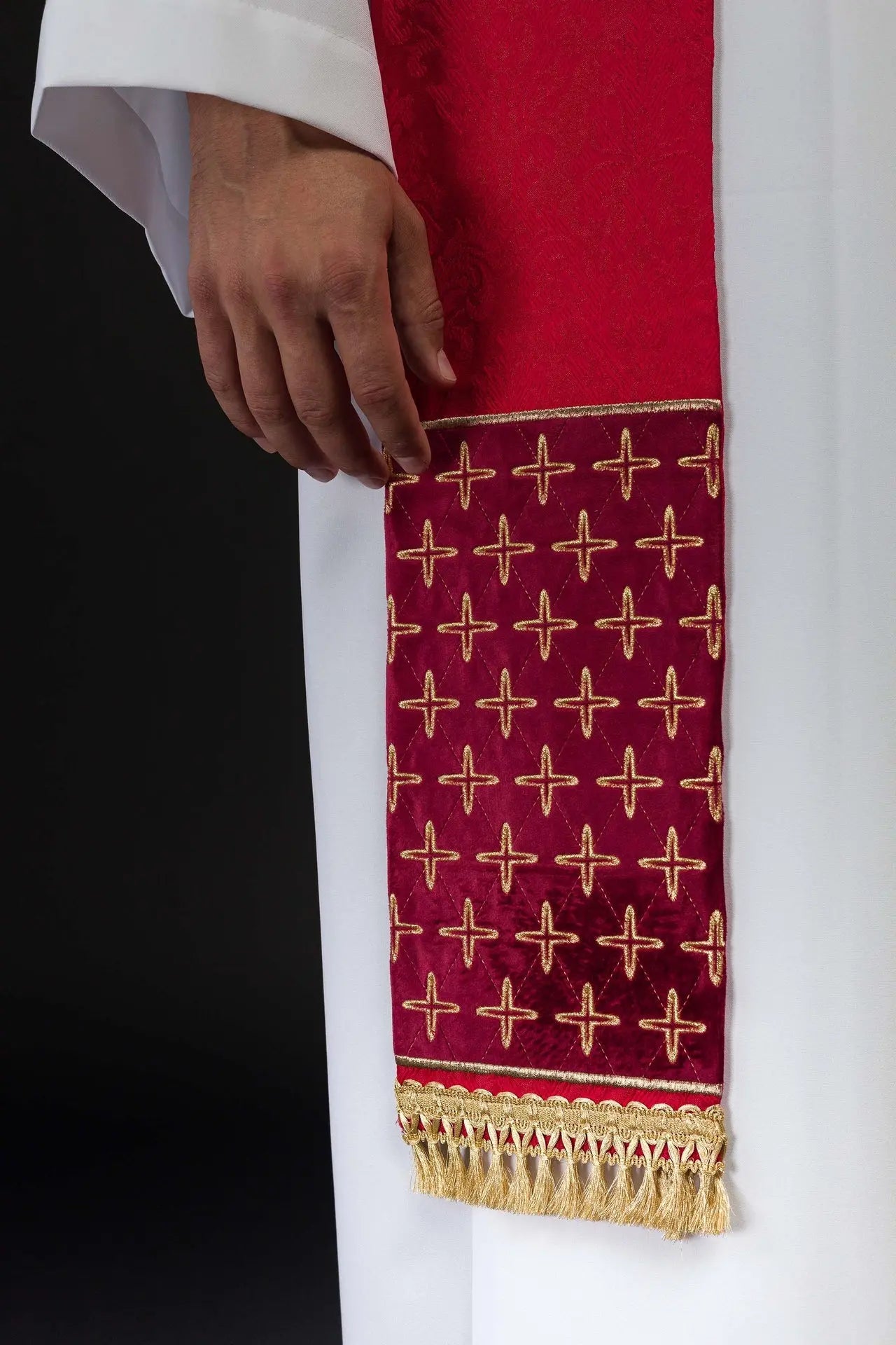Red Jacquard Stole with Embroidered Cross Motifs