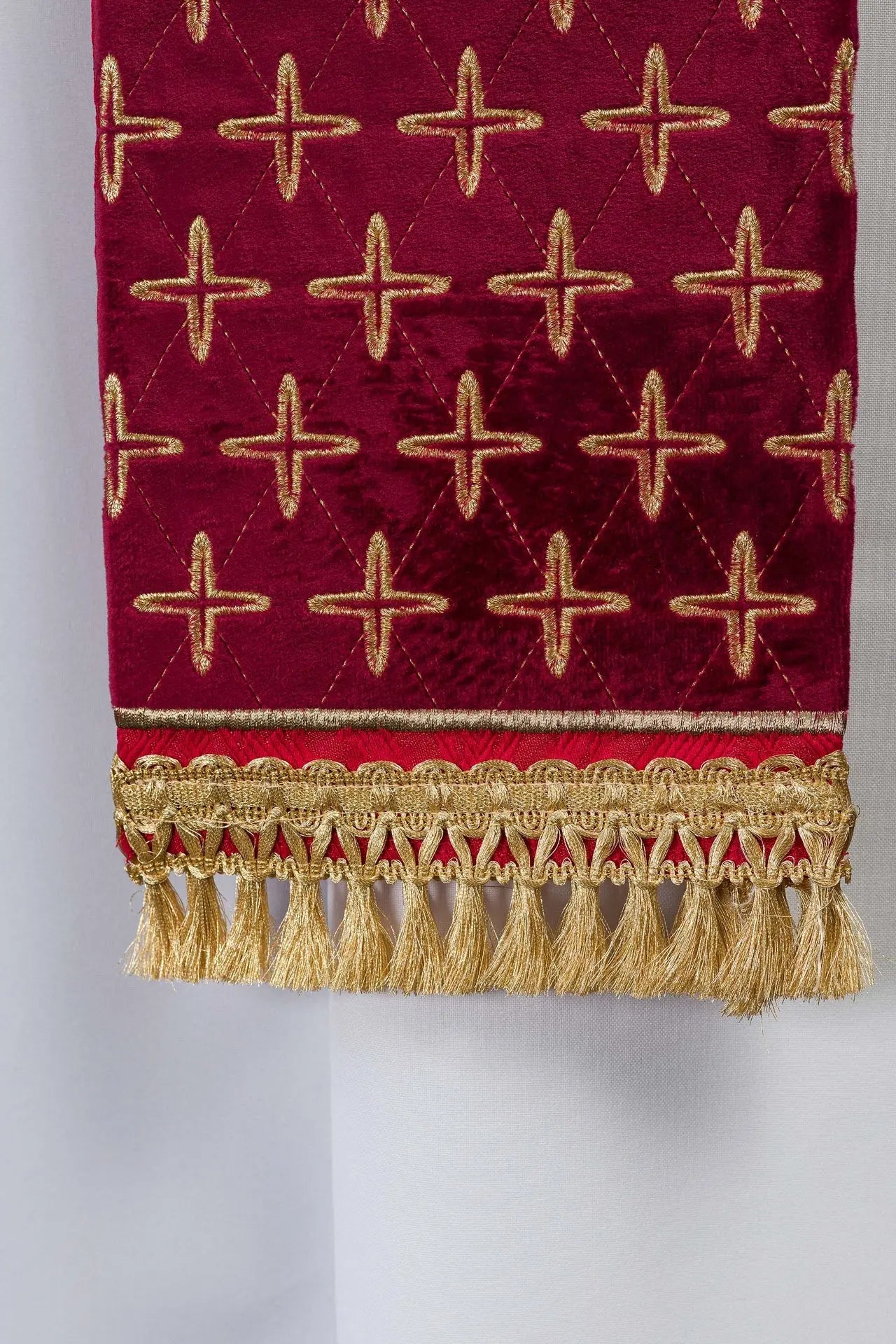 Red Jacquard Stole with Embroidered Cross Motifs