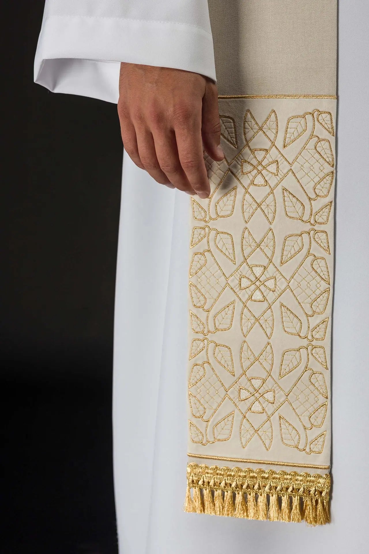Ecru Velvet Embroidered Stole with IHS Motif