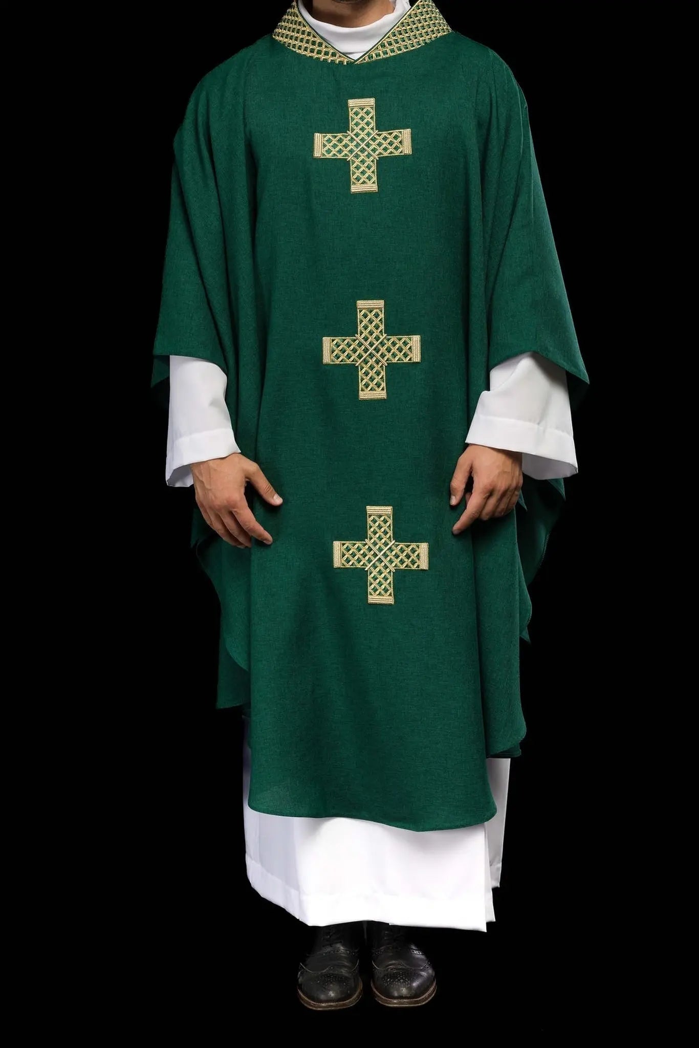Green chasuble with embroidered gold crosses and collar