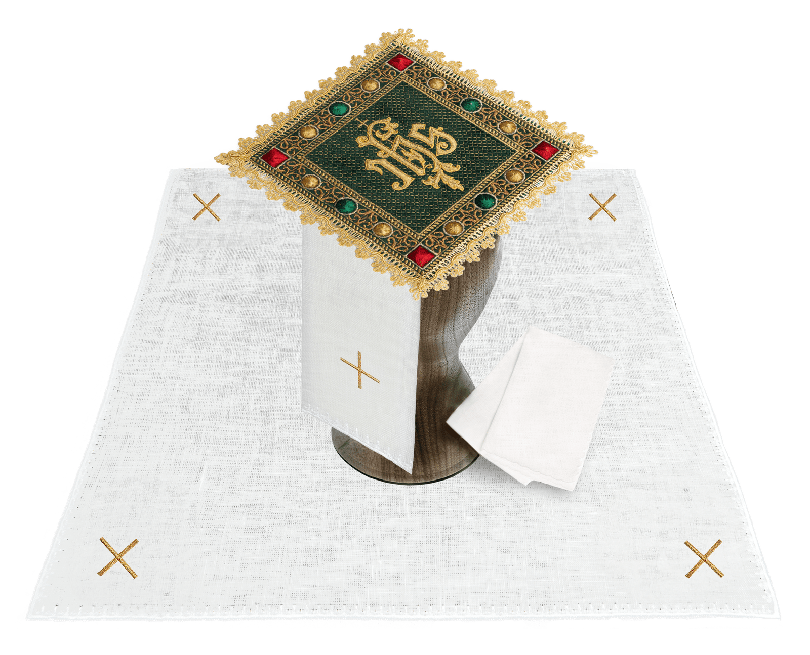 Aksamitny komplet kielichowy w kolorze zielonym z haftowanym symbolem IHS