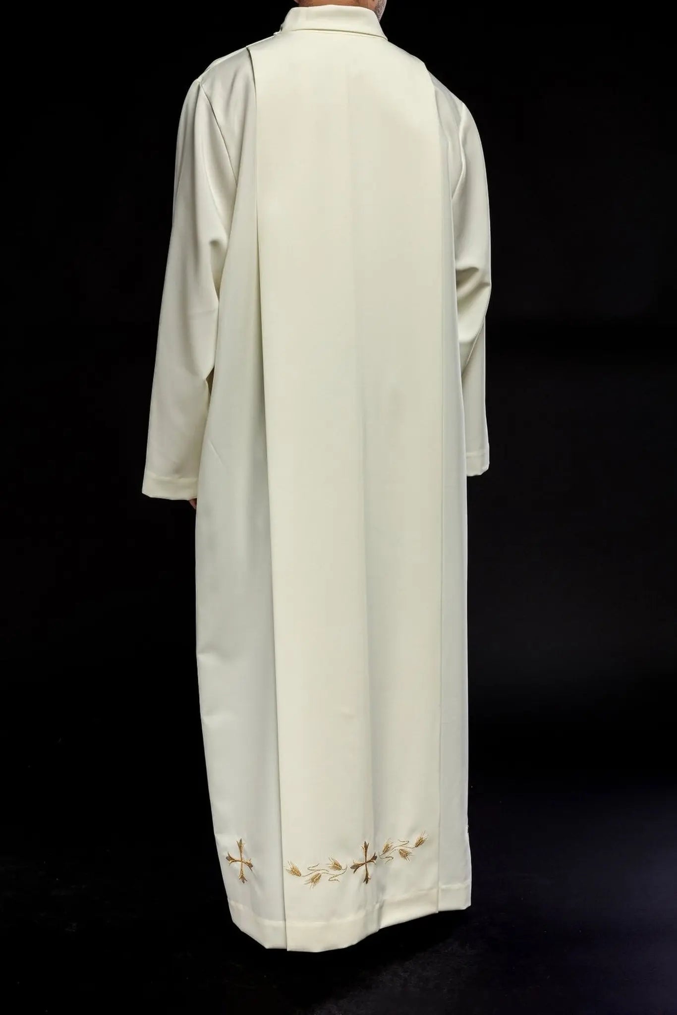 Elegant Ecru Priest's Alb with Monastic Collar and Gold Cross Embroidery