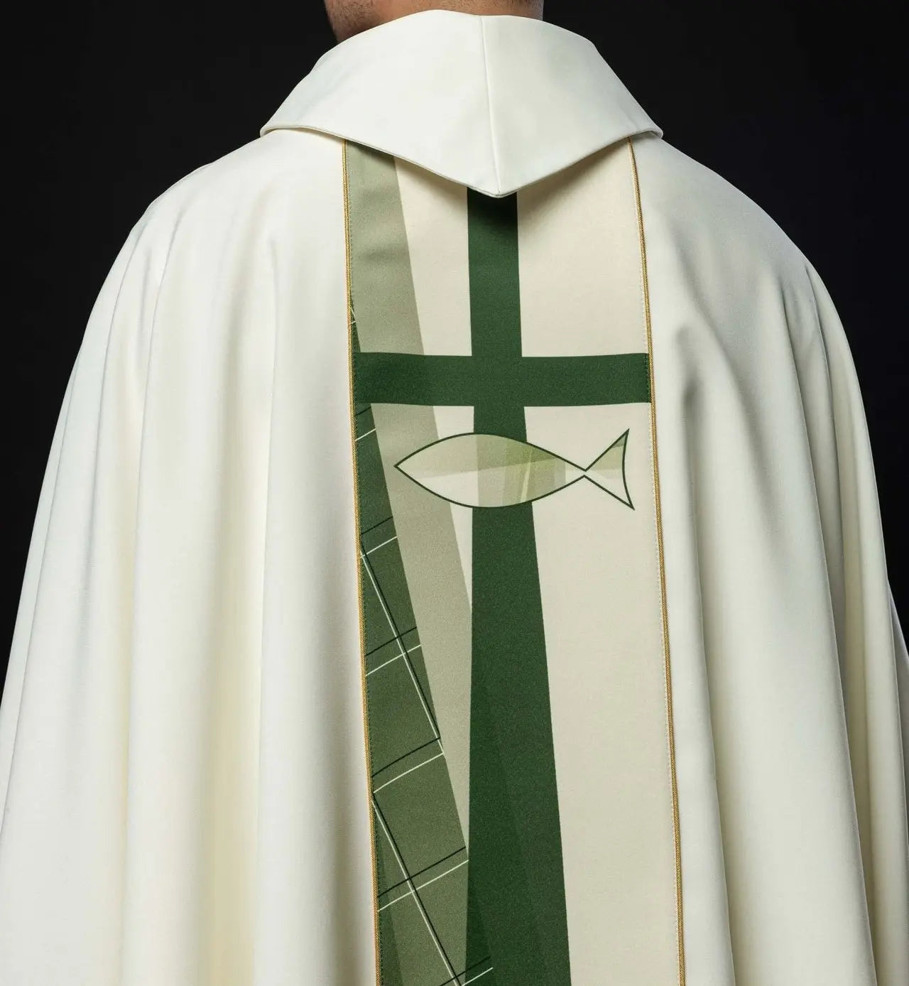 White chasuble embroidered with cross and fish pattern