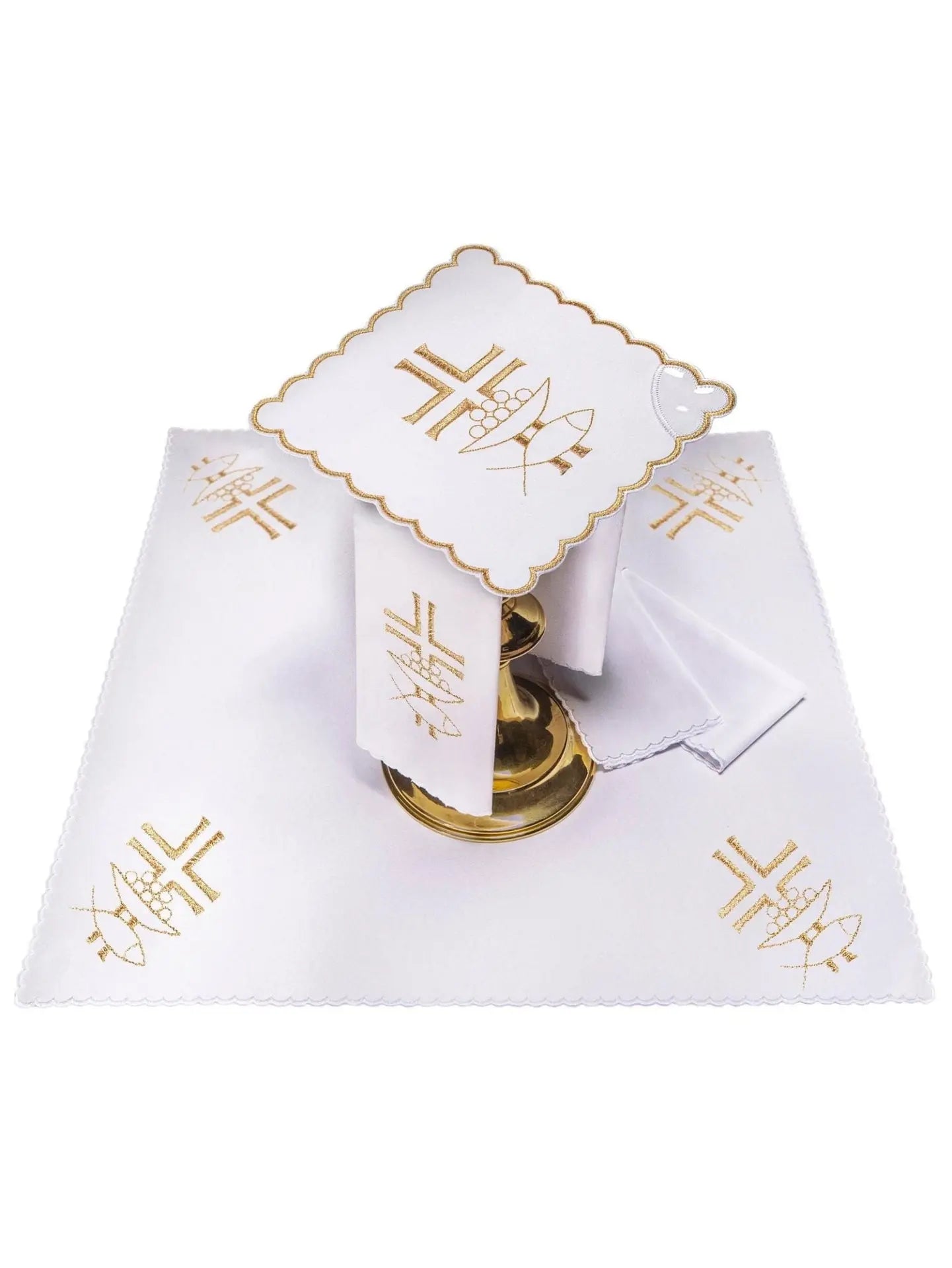 Ensemble de linge de calice brodé : croix eucharistique dorée